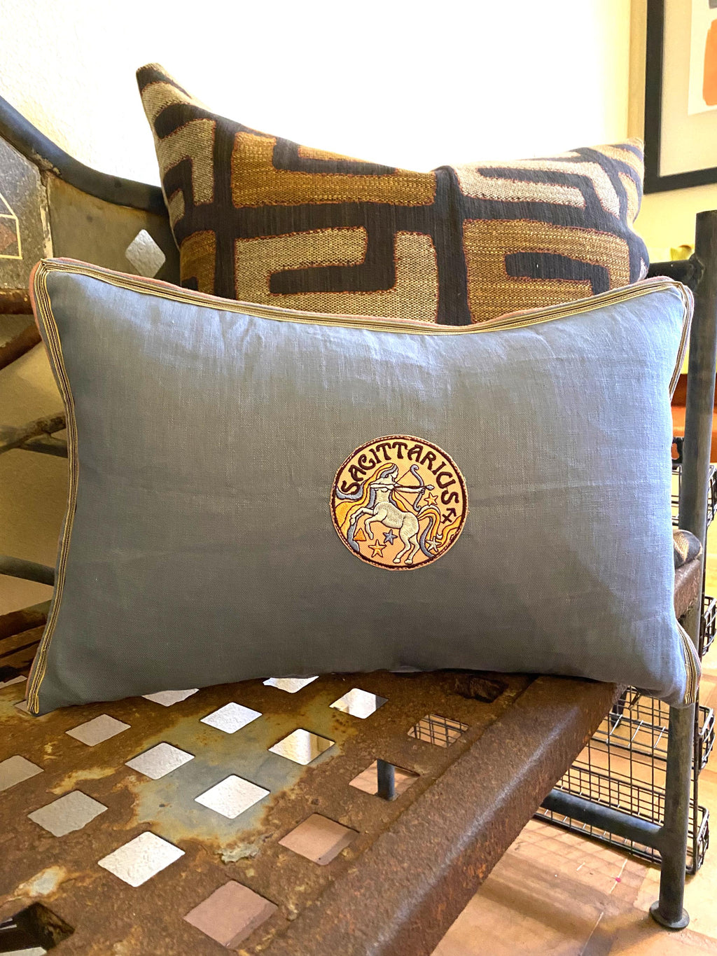 Zodiac Embroidery Linen Pillow: Caramel Brown Accent Pillow