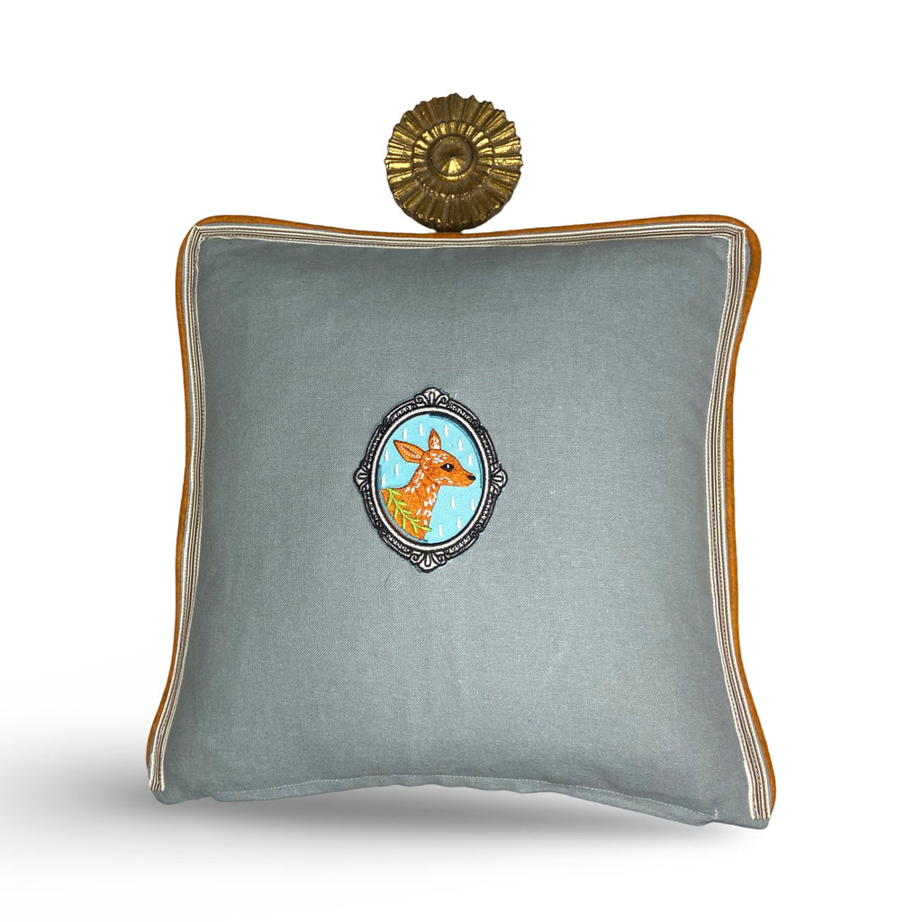 Slate Blue and Orange Deer Linen Pillow - deer fawn woodland baby nursery gift - pillow