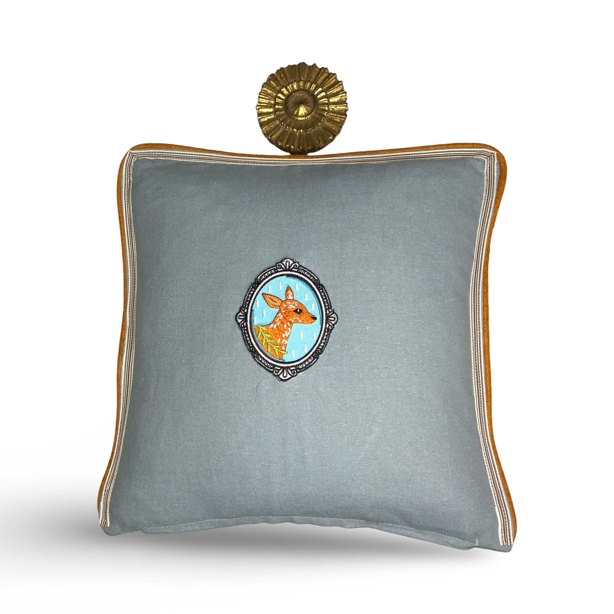 Slate Blue and Orange Deer Linen Pillow - deer fawn woodland baby nursery gift - pillow