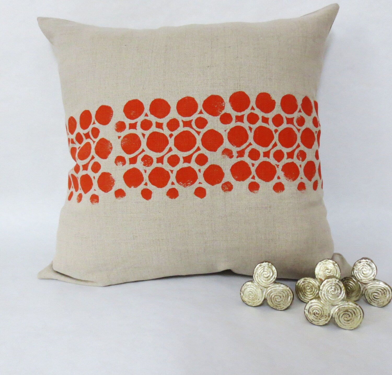 Grey Taupe Linen Hand Block Printed Printed Pillow with Orange Circular Geometric Print