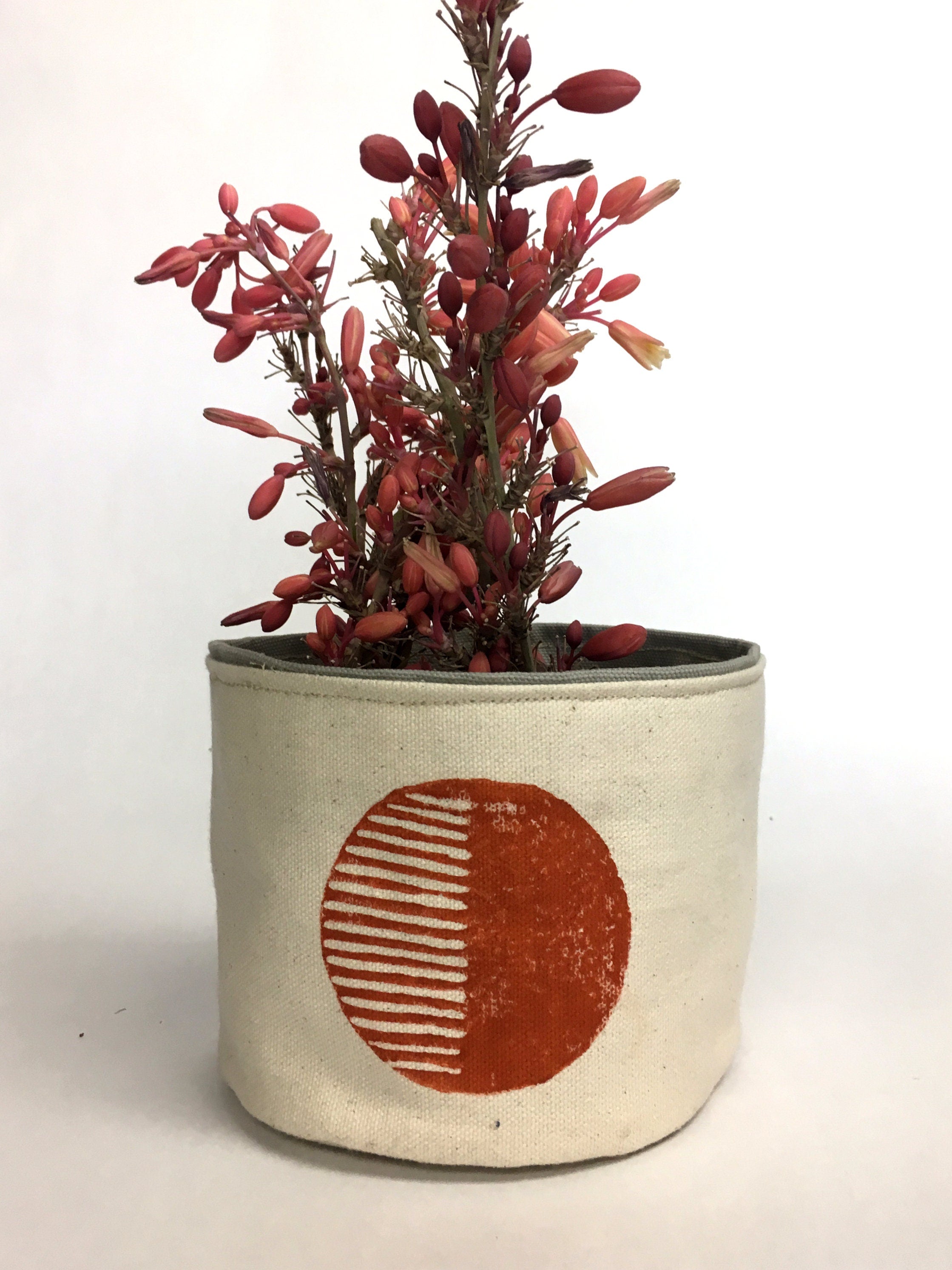 5” Circular Print Succulent / Plant Pot, Blockprinted Fabric Bucket