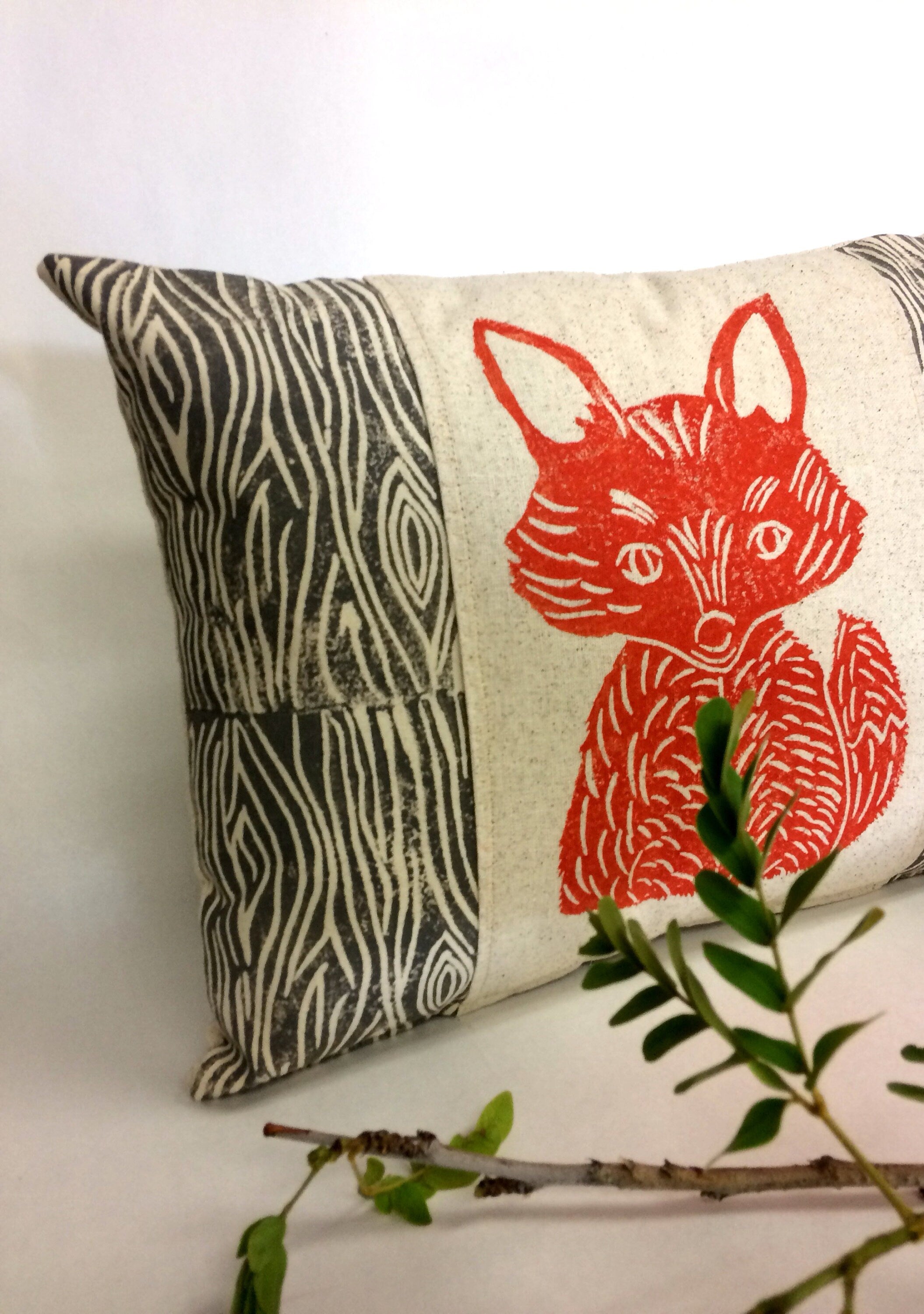 Fox Print Lumbar Pillow: Wood Grain Rustic Cabin Decor