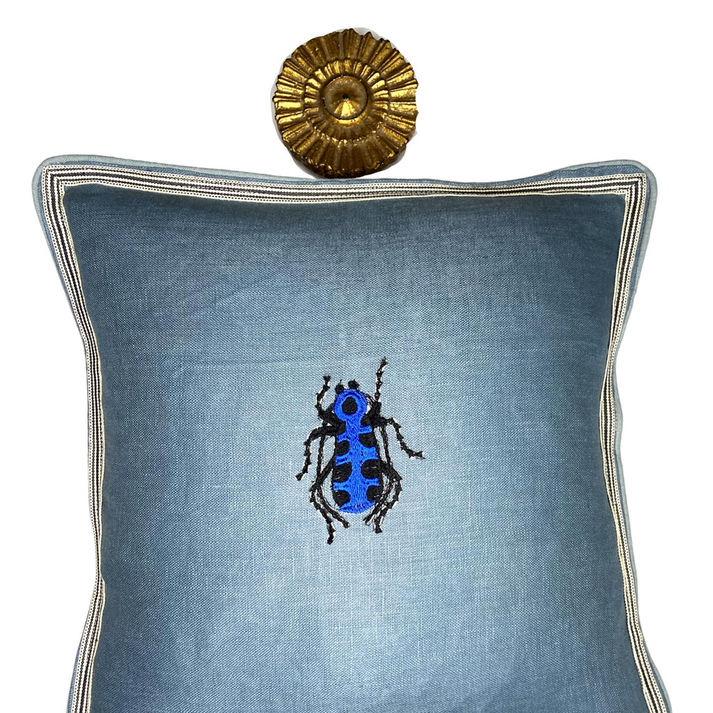 Blue Linen Beetle Embroidery Pillow - Insect Decorative Pillow
