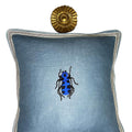 Blue Linen Beetle Embroidery Pillow - Insect Decorative Pillow