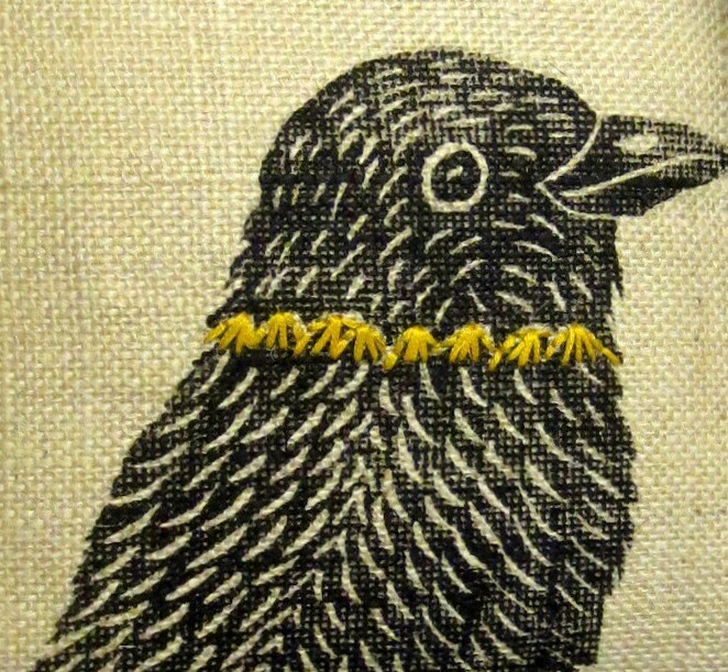 Raven Print Pillow: Poly Burlap with Hand Embroidery