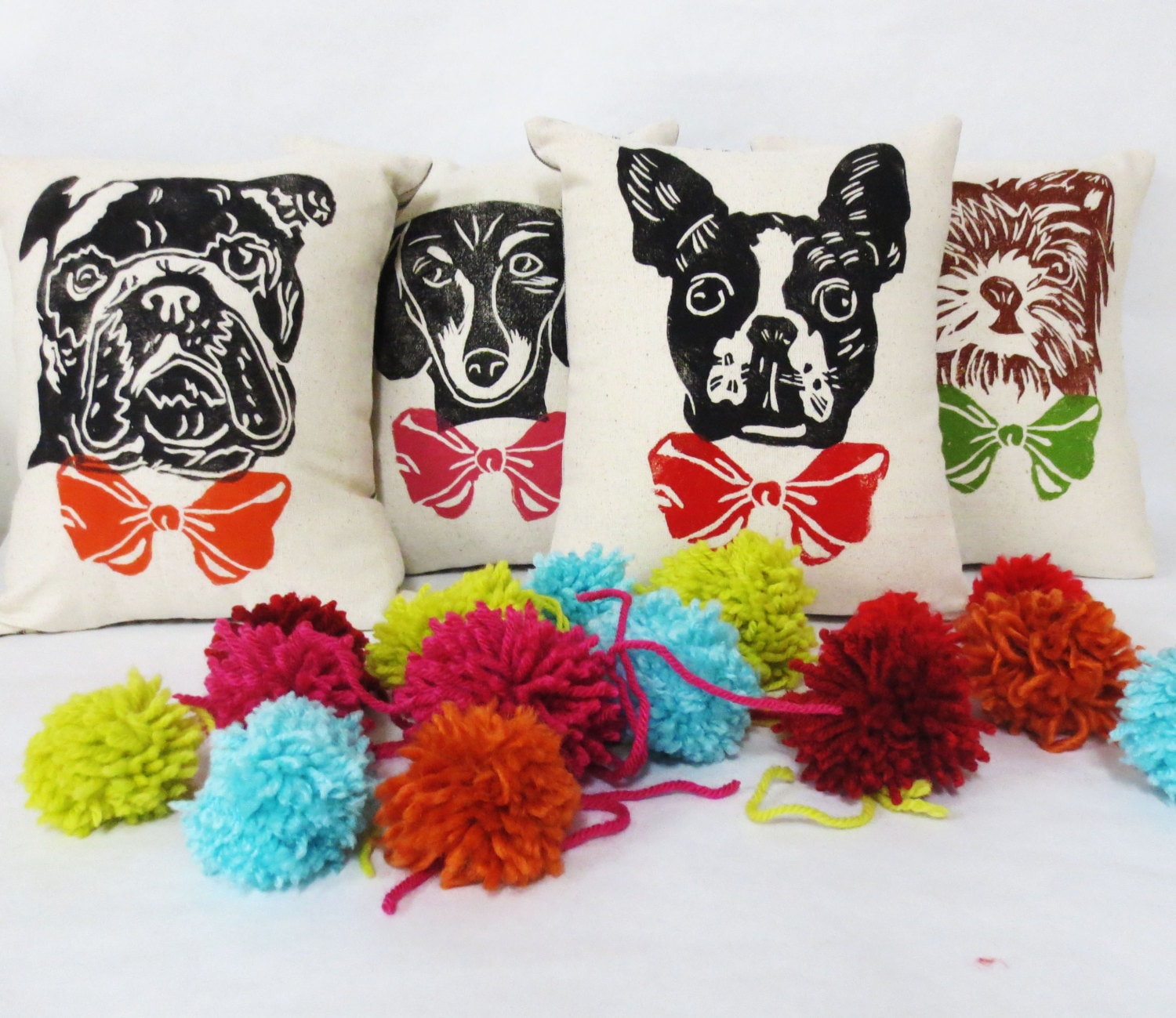 Dog Face Pillow: Hand-Printed Bow Tie Accent Pillow Cover