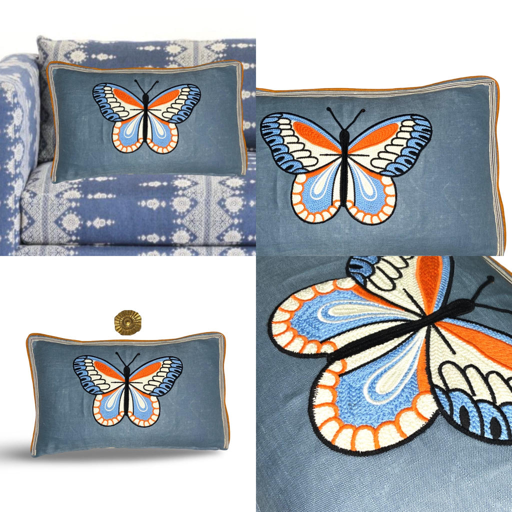 Butterfly Blue and Orange Embroidered  Linen Pillow - Embroidery Pillow