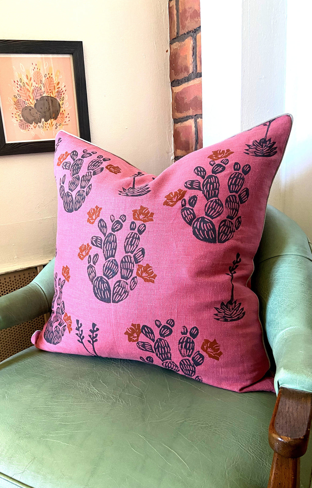 Rose Pink Linen Cactus Print Pillow