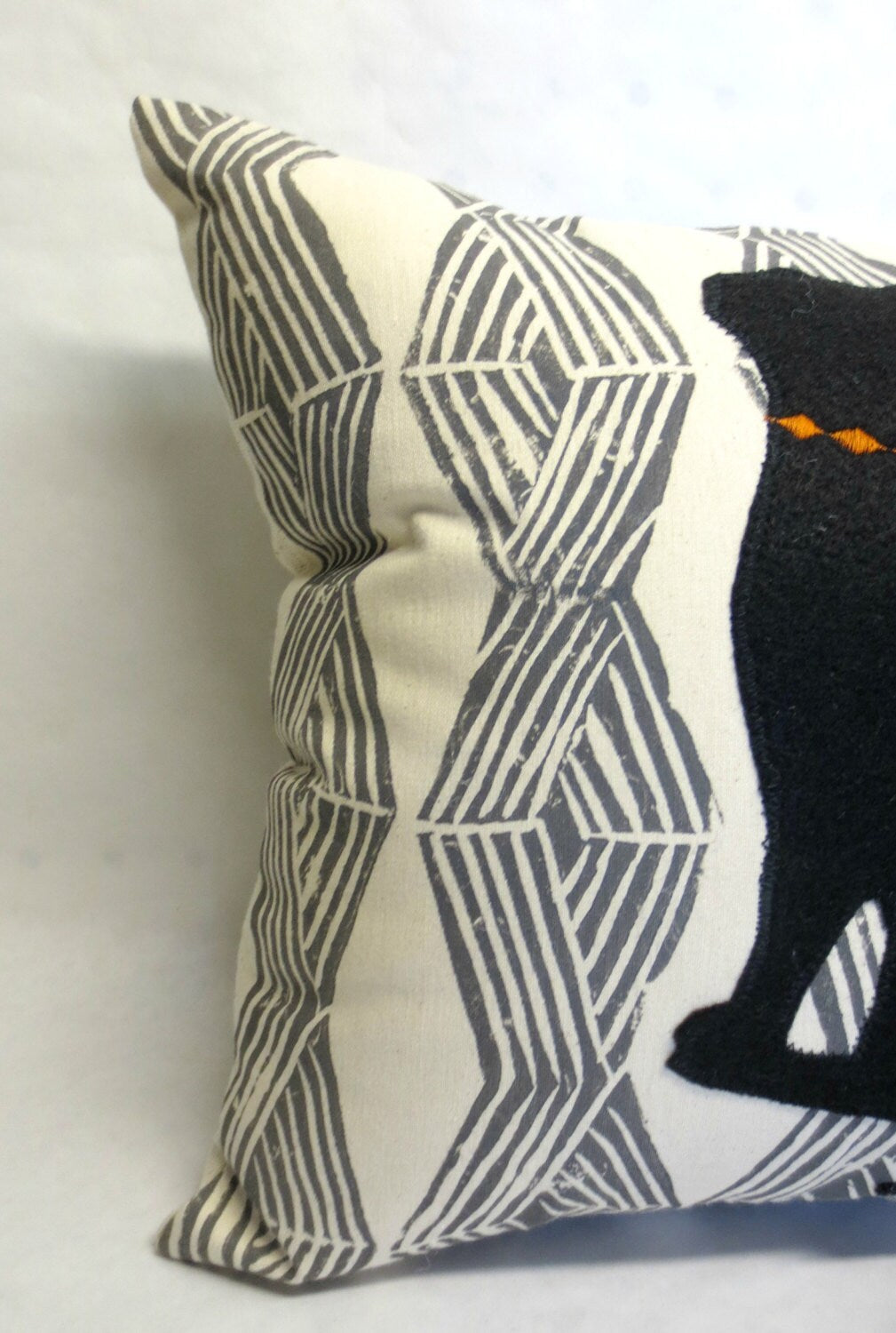 Hand Block Print Cat Pillow: Black Felt Silhouette, Modern Home Decor