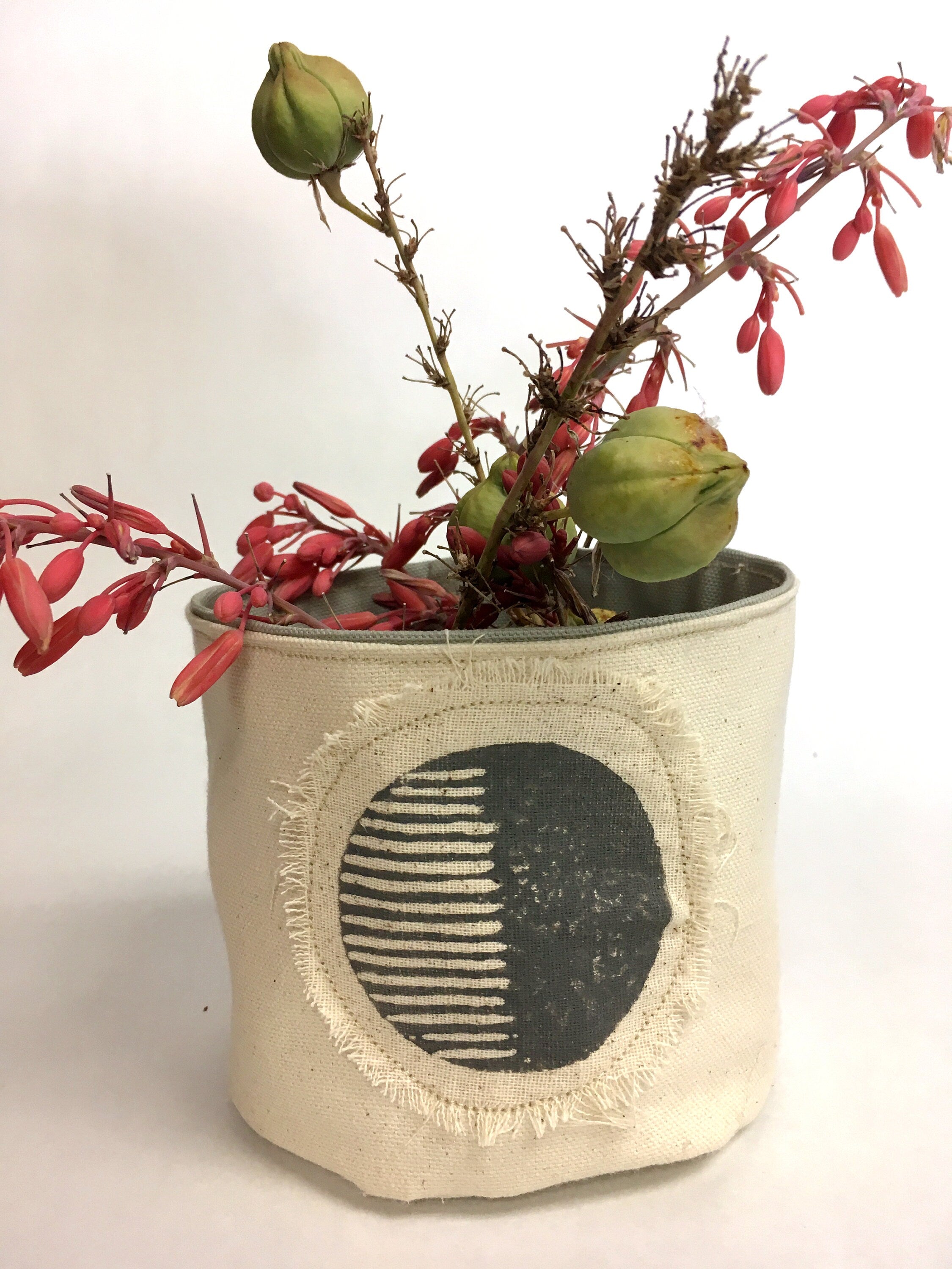5” Circular Print Succulent / Plant Pot, Blockprinted Fabric Bucket