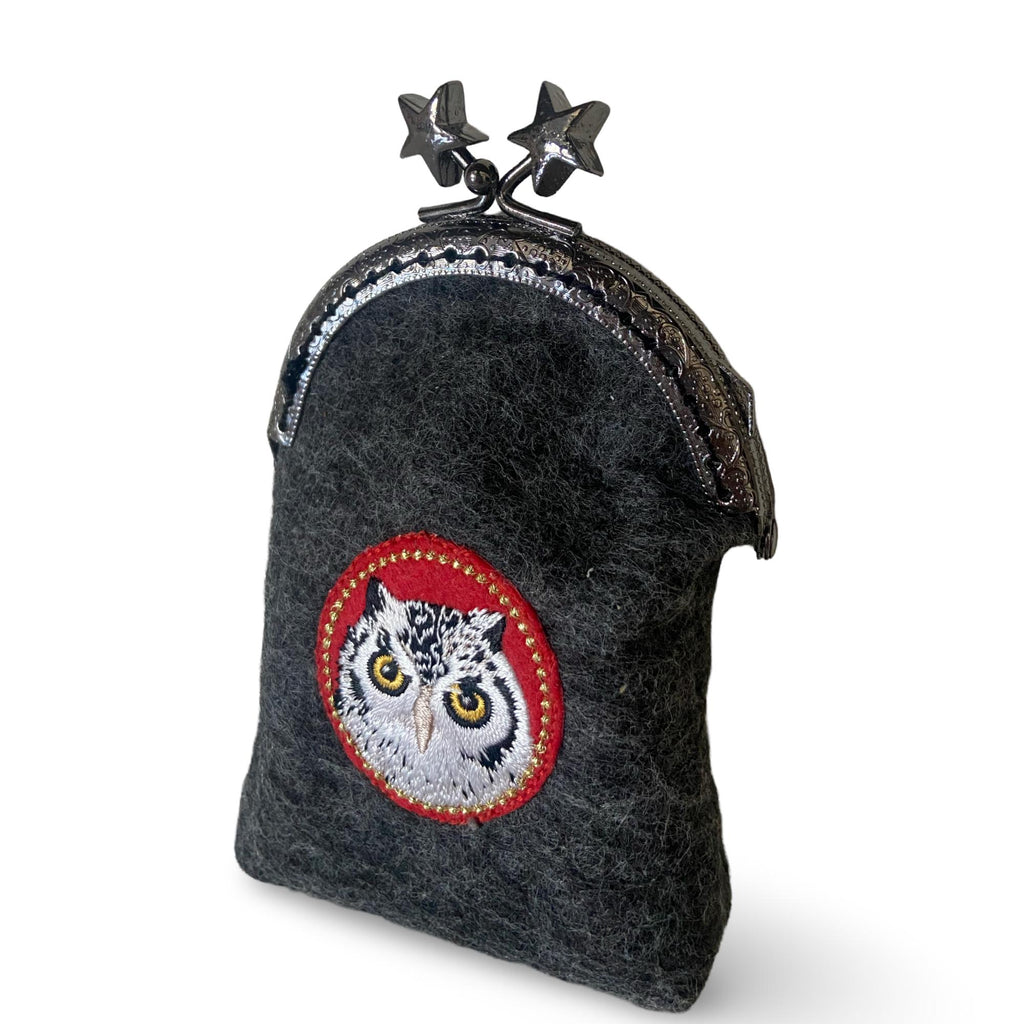 Handcrafted Felt Coin Purse: Embroidered Owl, Kiss Lock Closure