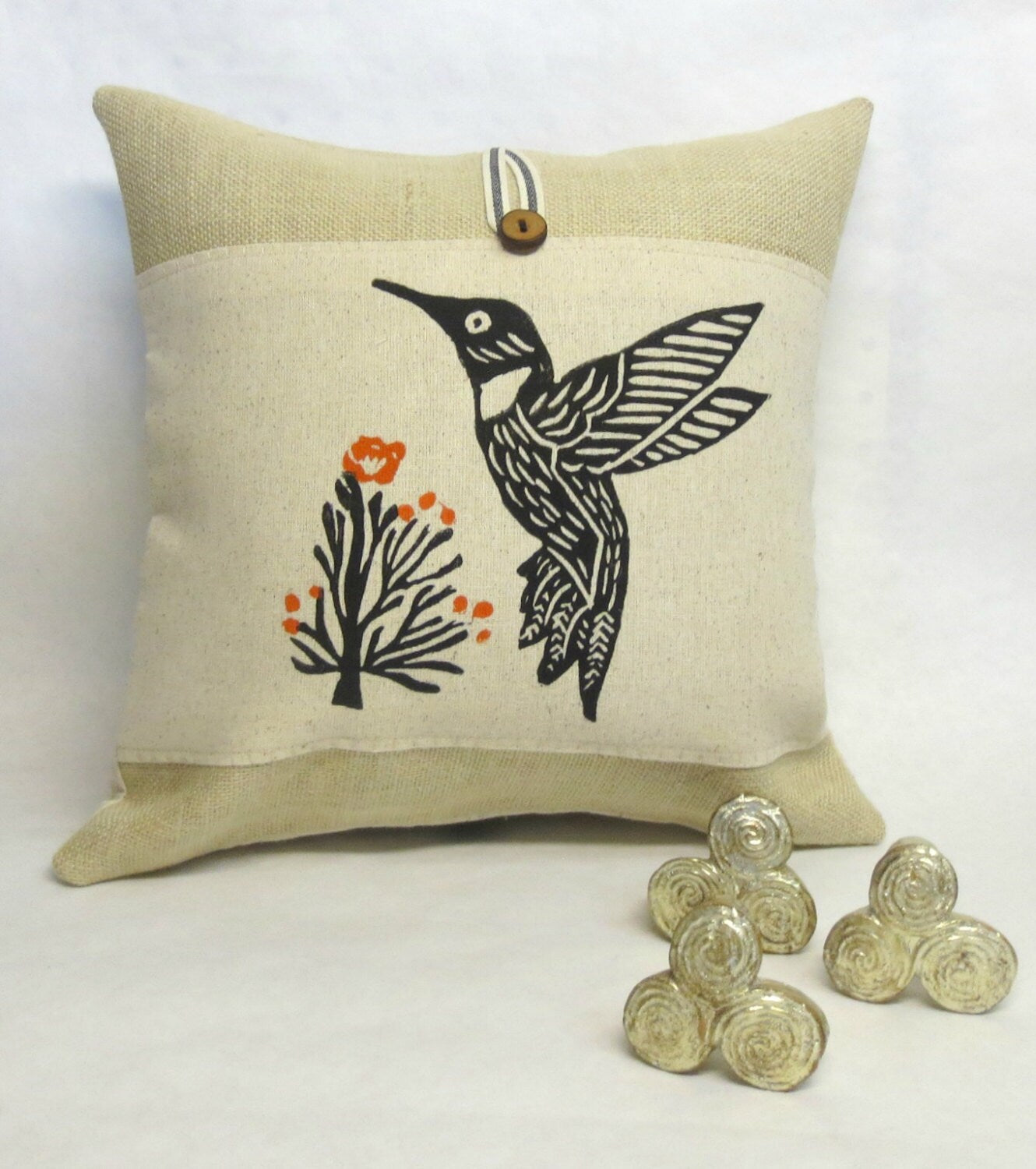 Hummingbird Pillow Cover: Hand Block Print, Orange Floral Accent