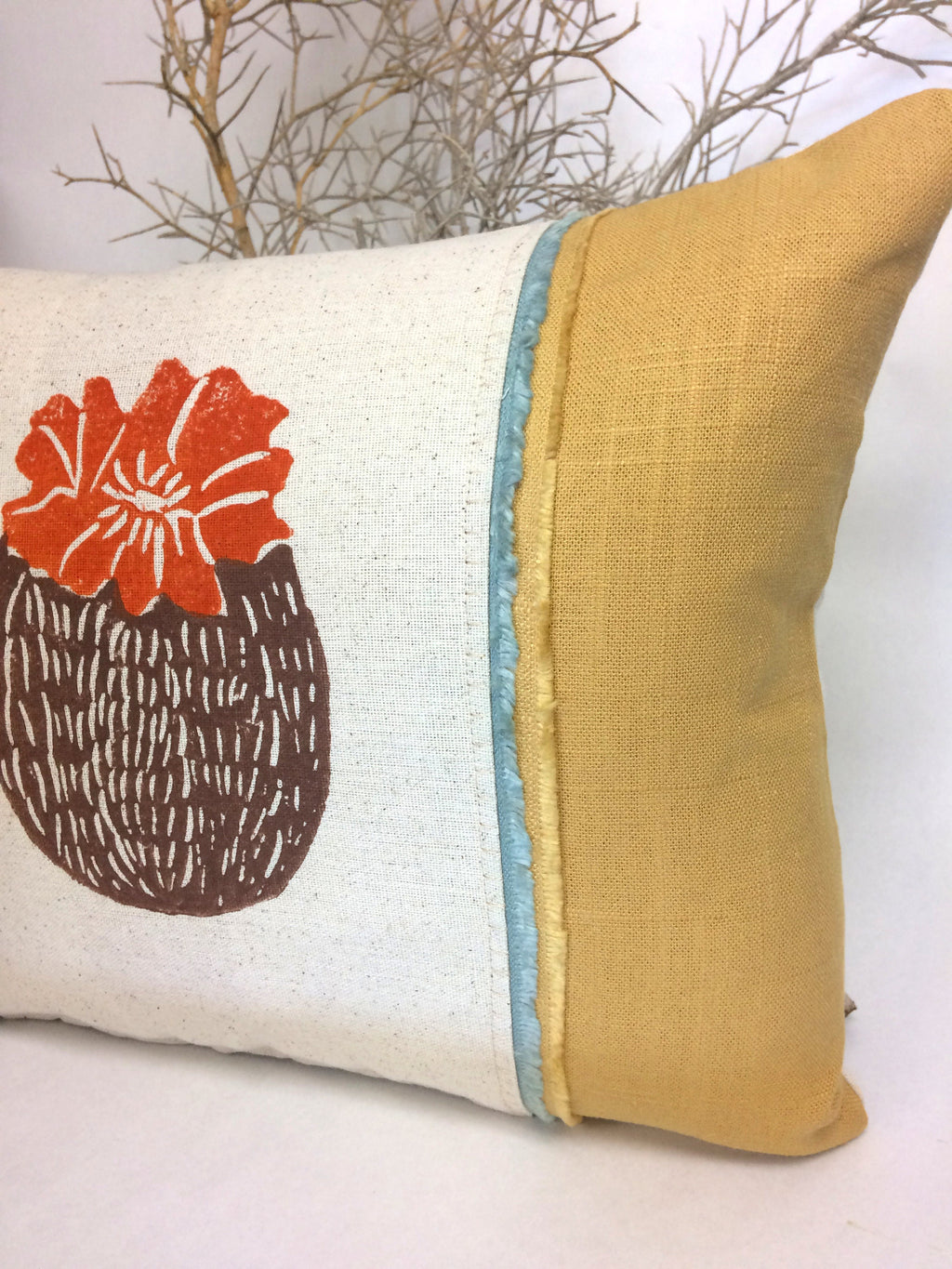 Hand Printed Cactus Pillow: Mustard Yellow Linen with Fringe Trim