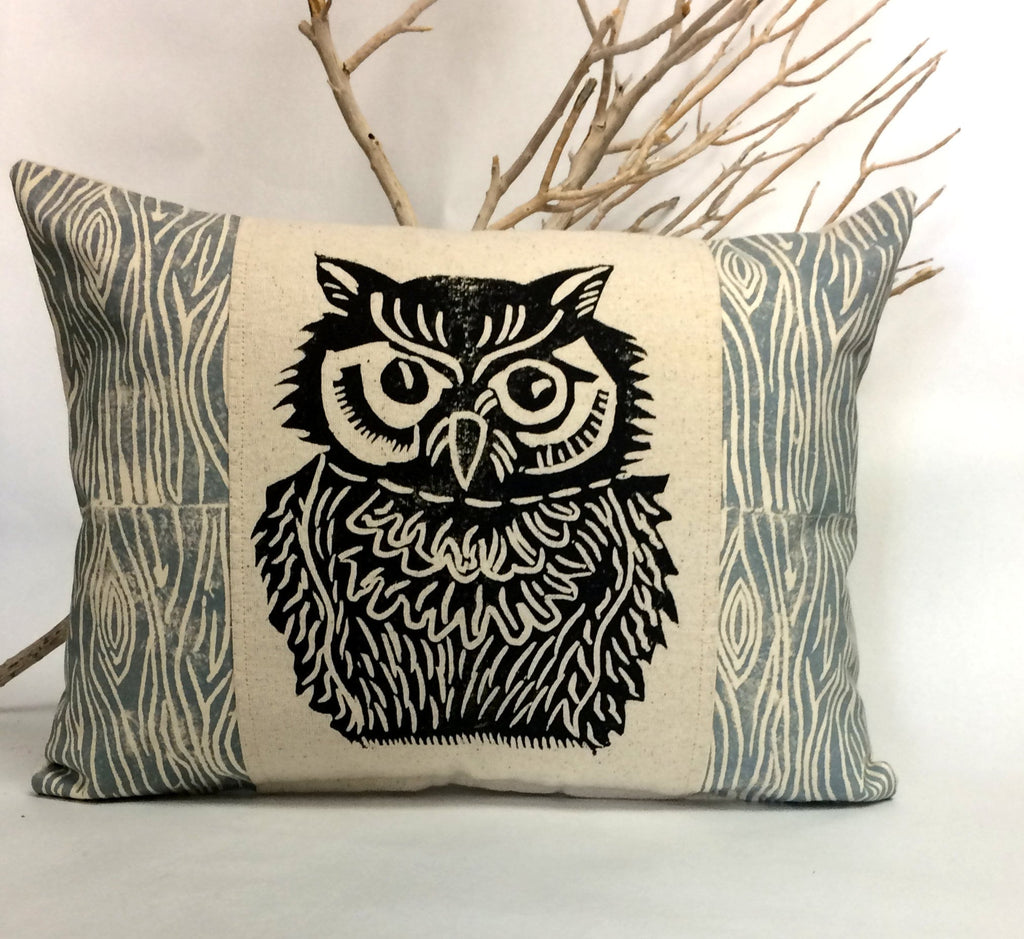 Woodland Owl Pillow: Hand Carved Print, Rustic Home Decor
