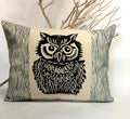 Woodland Owl Pillow: Hand Carved Print, Rustic Home Decor