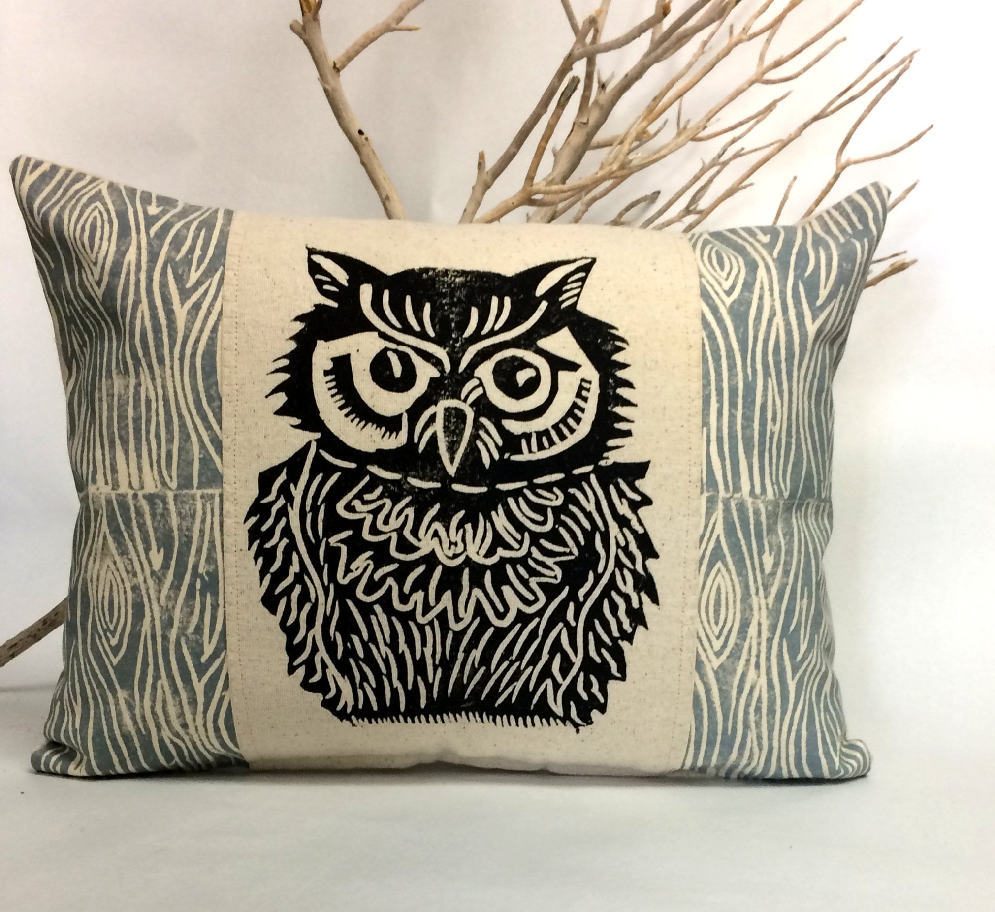 Woodland Owl Pillow: Hand Carved Print, Rustic Home Decor