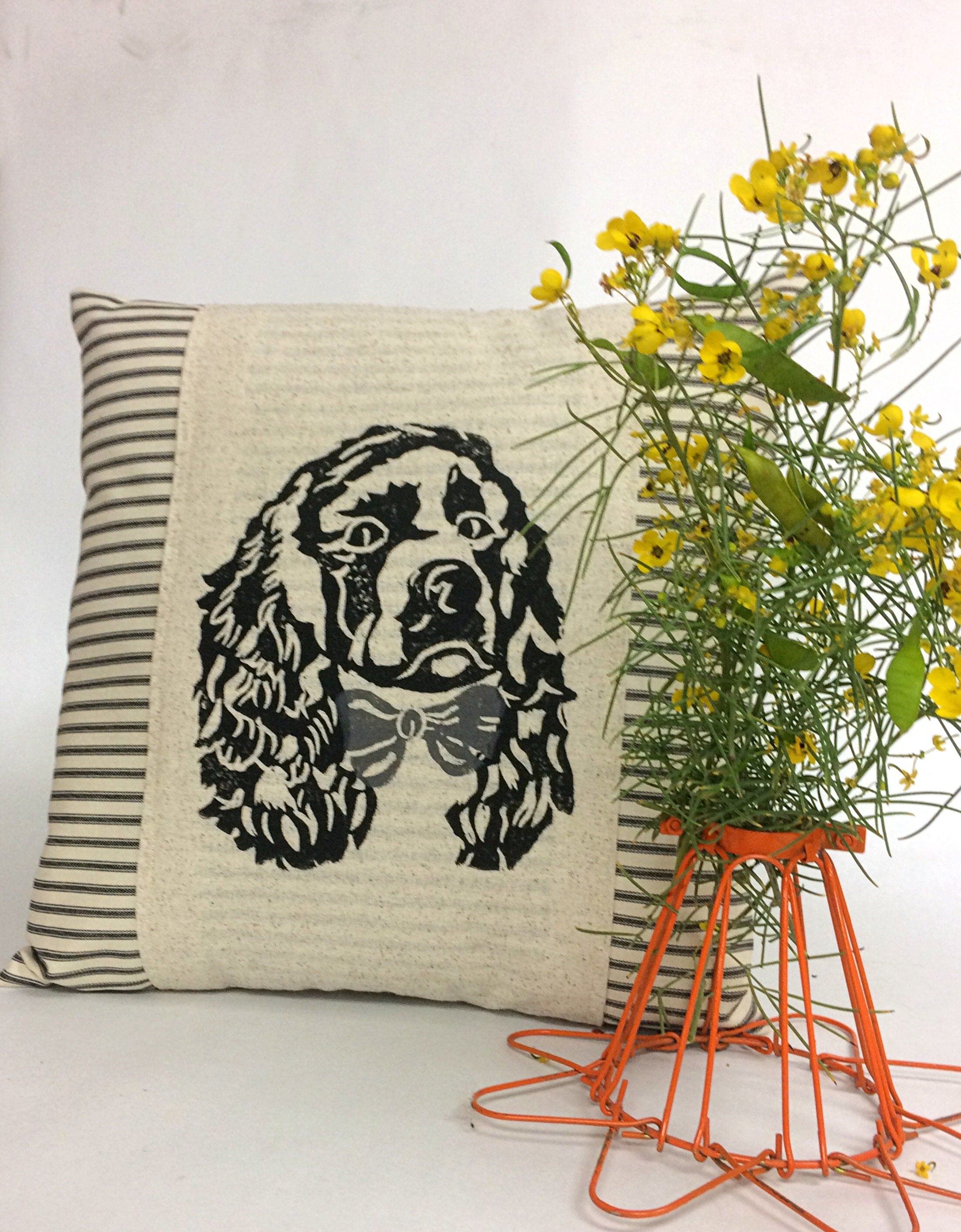 Hand Block Print Cocker Spaniel Pillow Cover: Ticking Stripe Accent Pillow