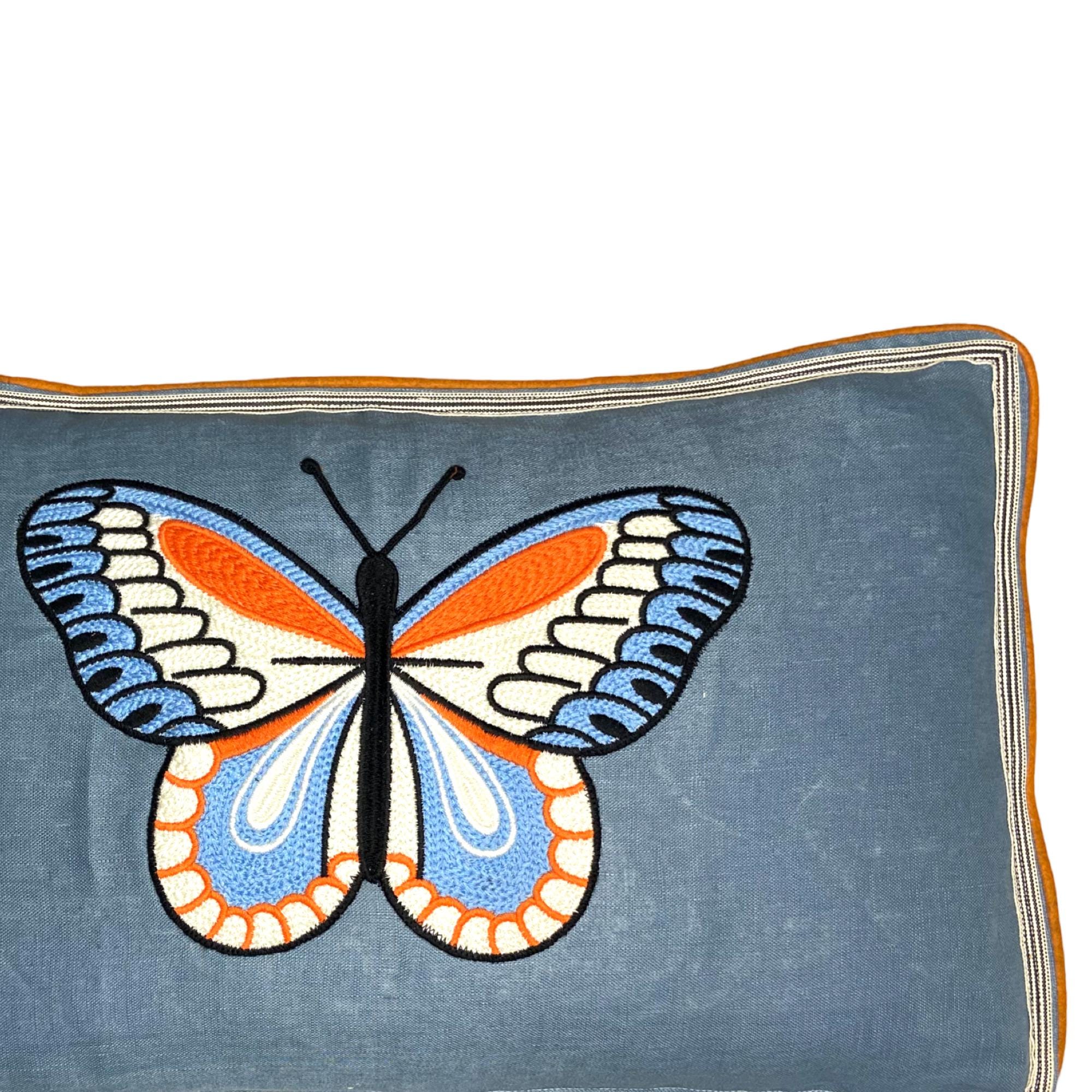 Butterfly Blue and Orange Embroidered  Linen Pillow - Embroidery Pillow