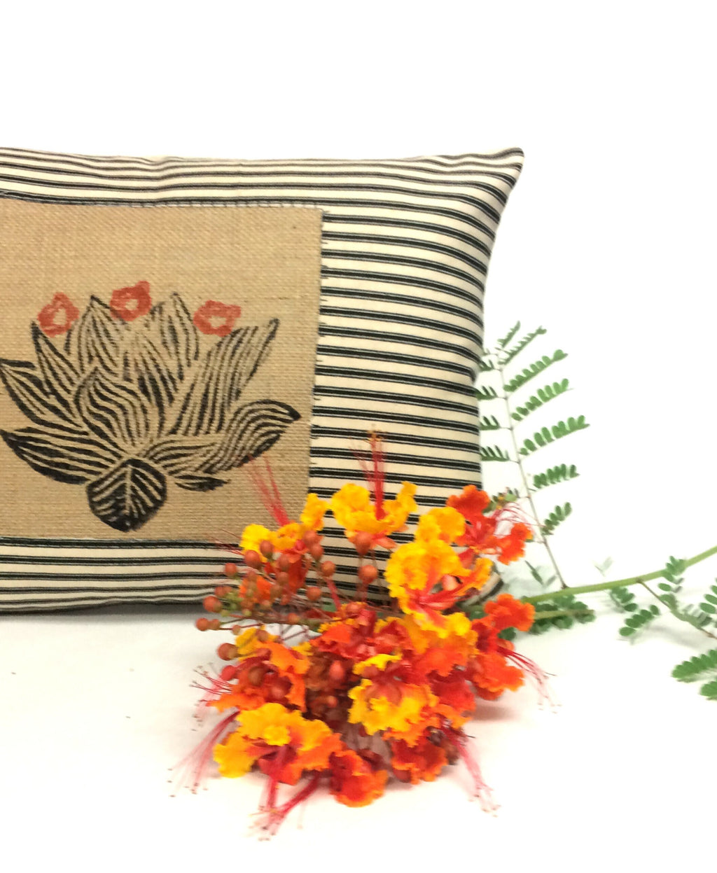 Hand Printed Cactus Pillow: Black Stripe Accent Pillow