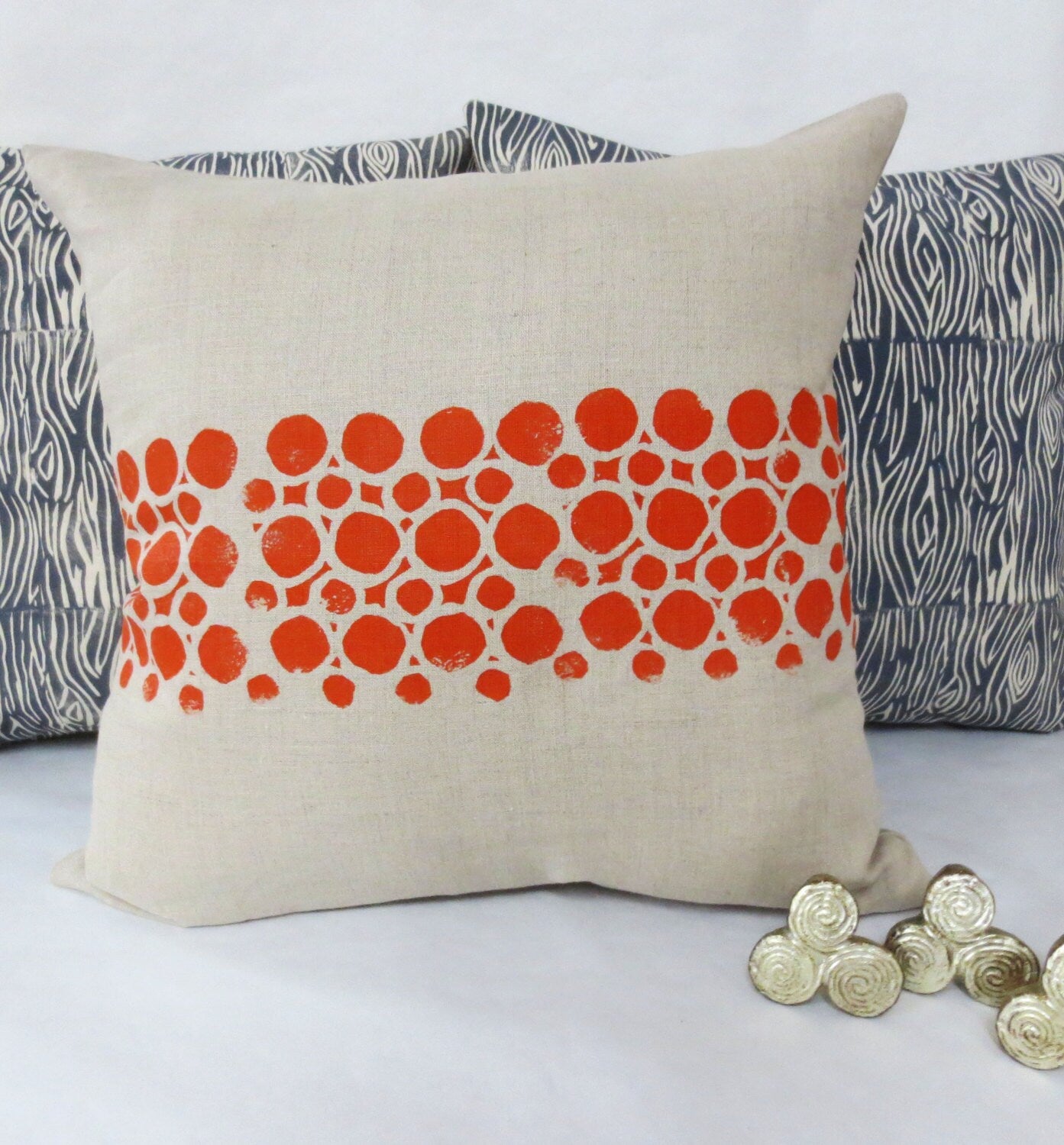 Grey Taupe Linen Hand Block Printed Printed Pillow with Orange Circular Geometric Print