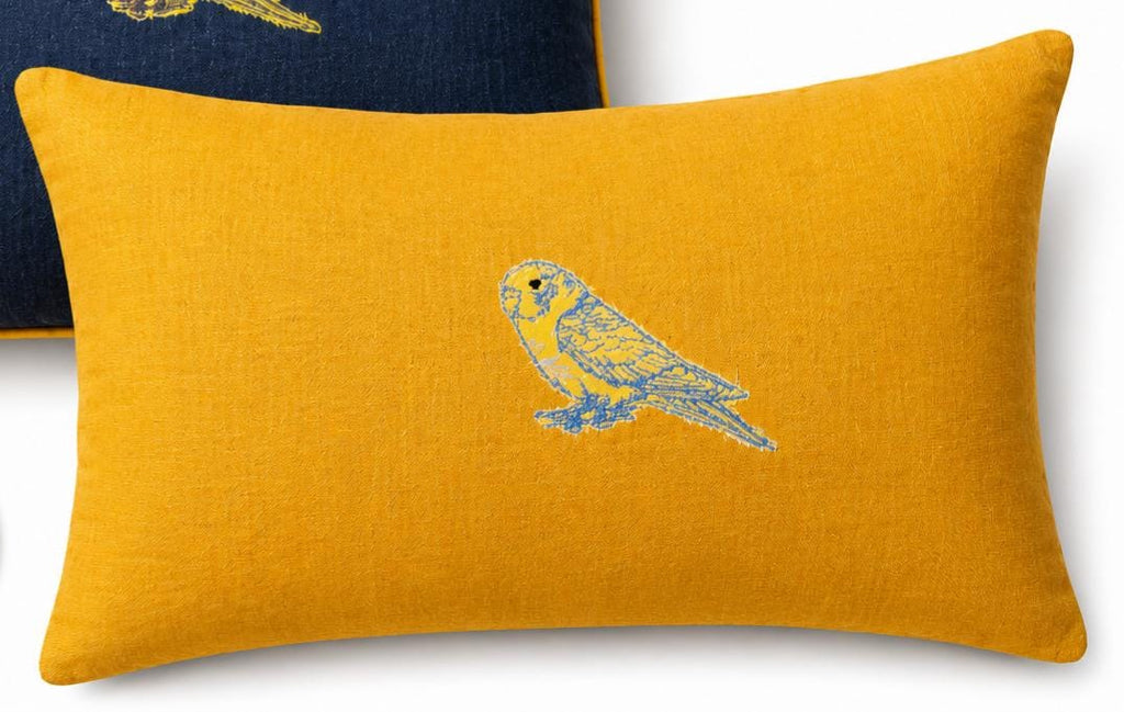 Embroidered Parrot Bird Linen Pillow: yellow & blue Accent