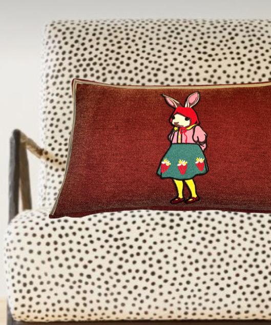 Rabbit Embroidery Pillow: Whimsical Cranberry Chenille Woodland Decor