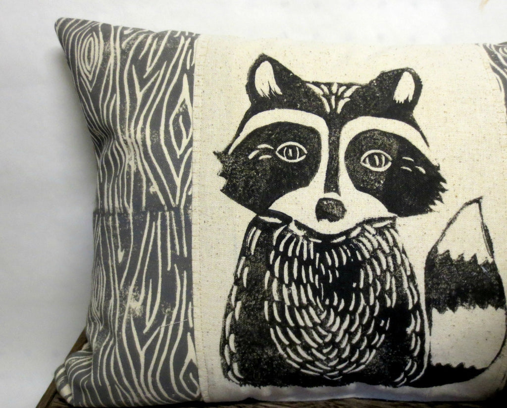 Raccoon Pillow: Hand Carved Block Print, Woodland Nursery Decor