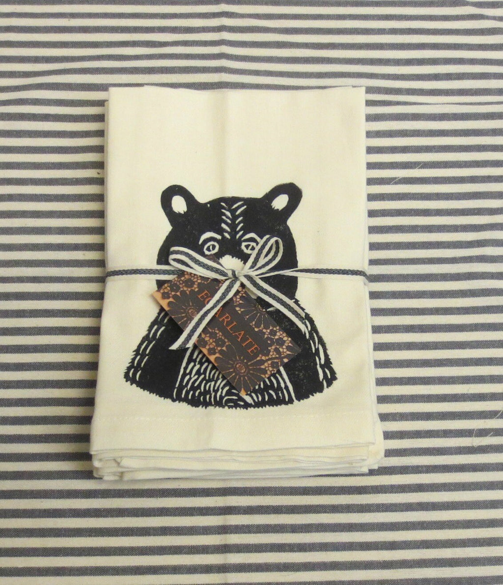 Hand Printed Bear Cotton Napkins - Rustic Black Print, Set of Four