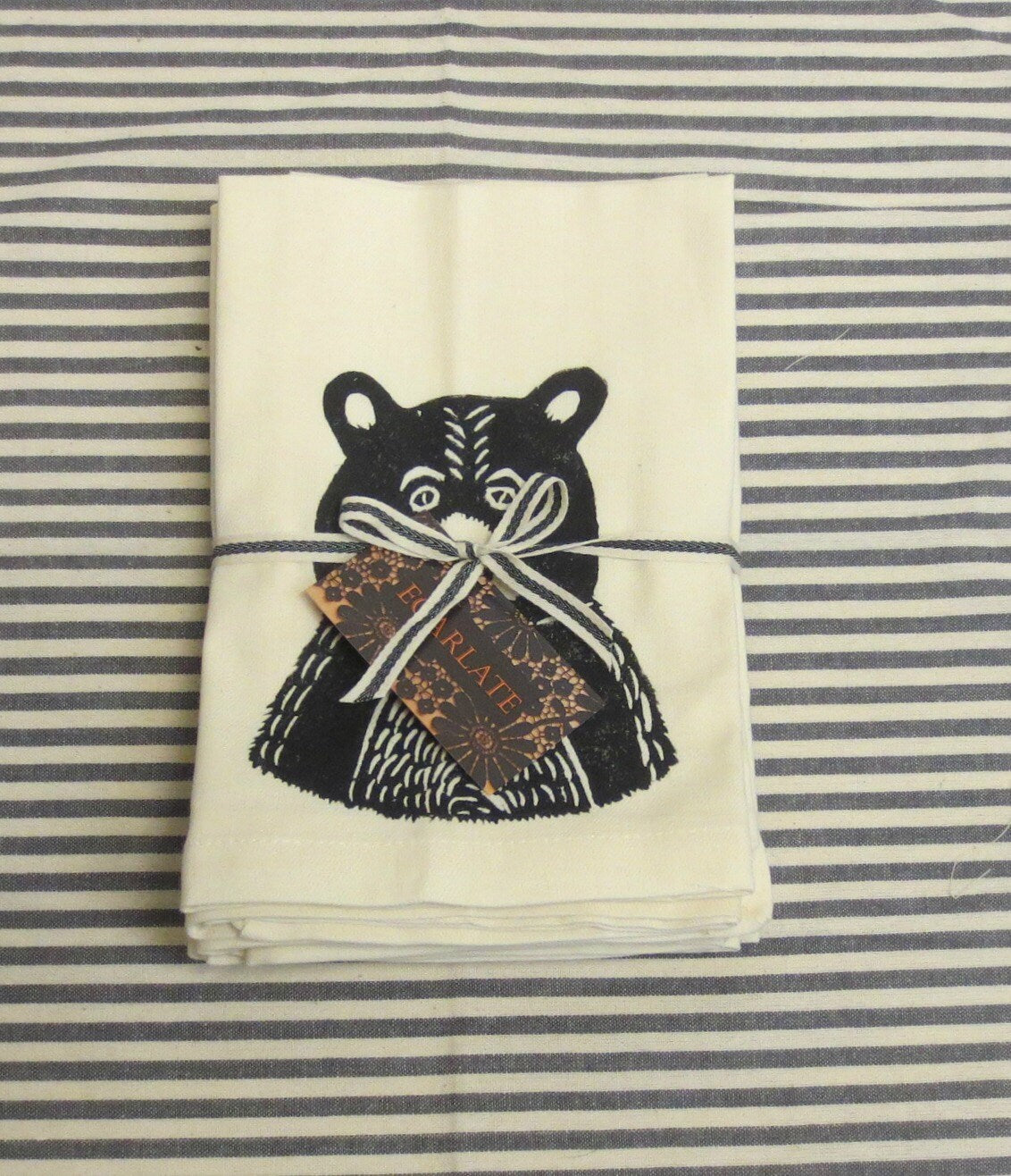 Hand Printed Bear Cotton Napkins - Rustic Black Print, Set of Four