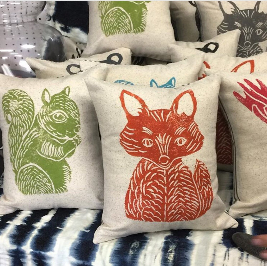 Hand Block Printed Woodland Animal Pillow: Bear, Fox, Moose, Squirrel