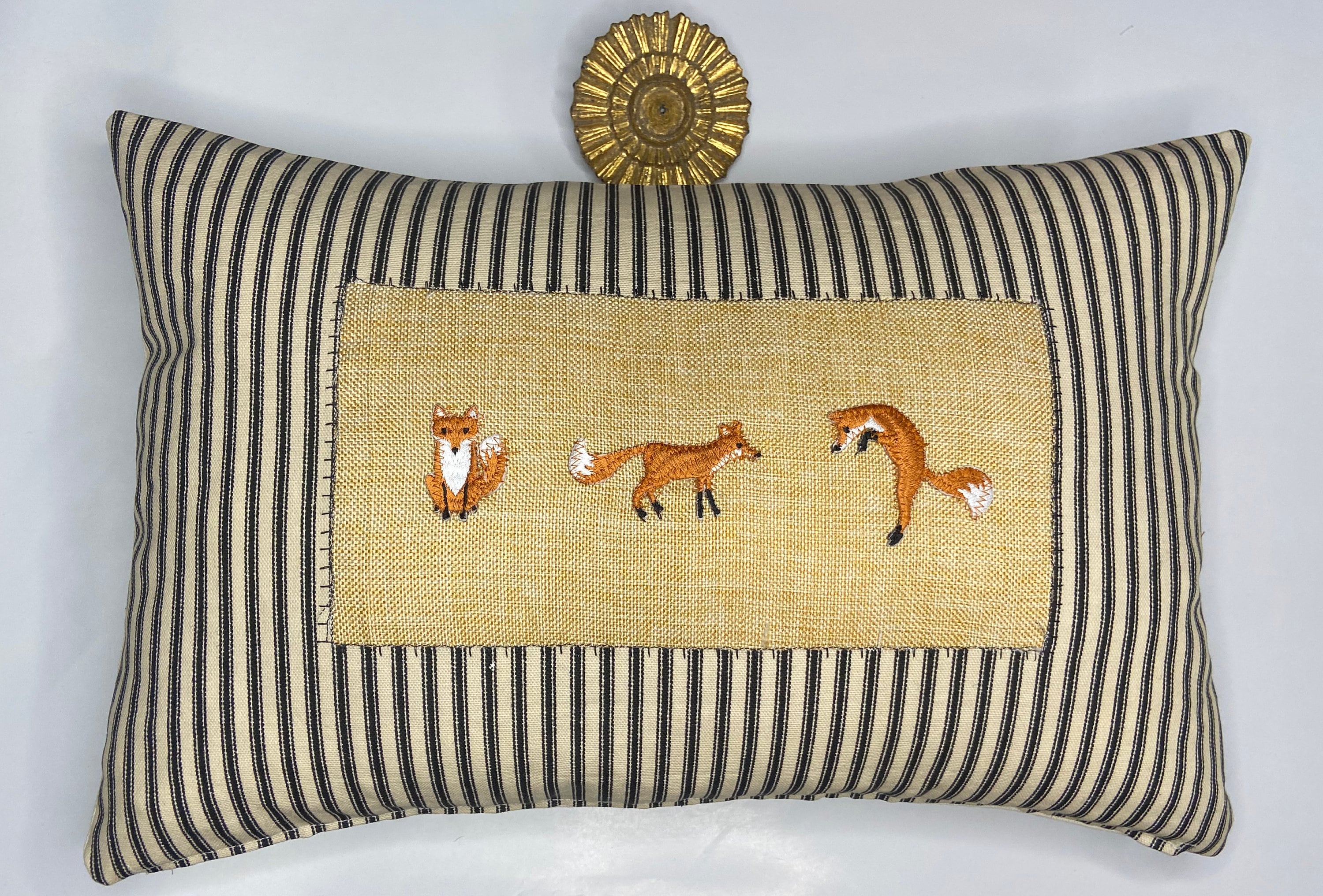 Woodland fox and stripe kidney pillow in