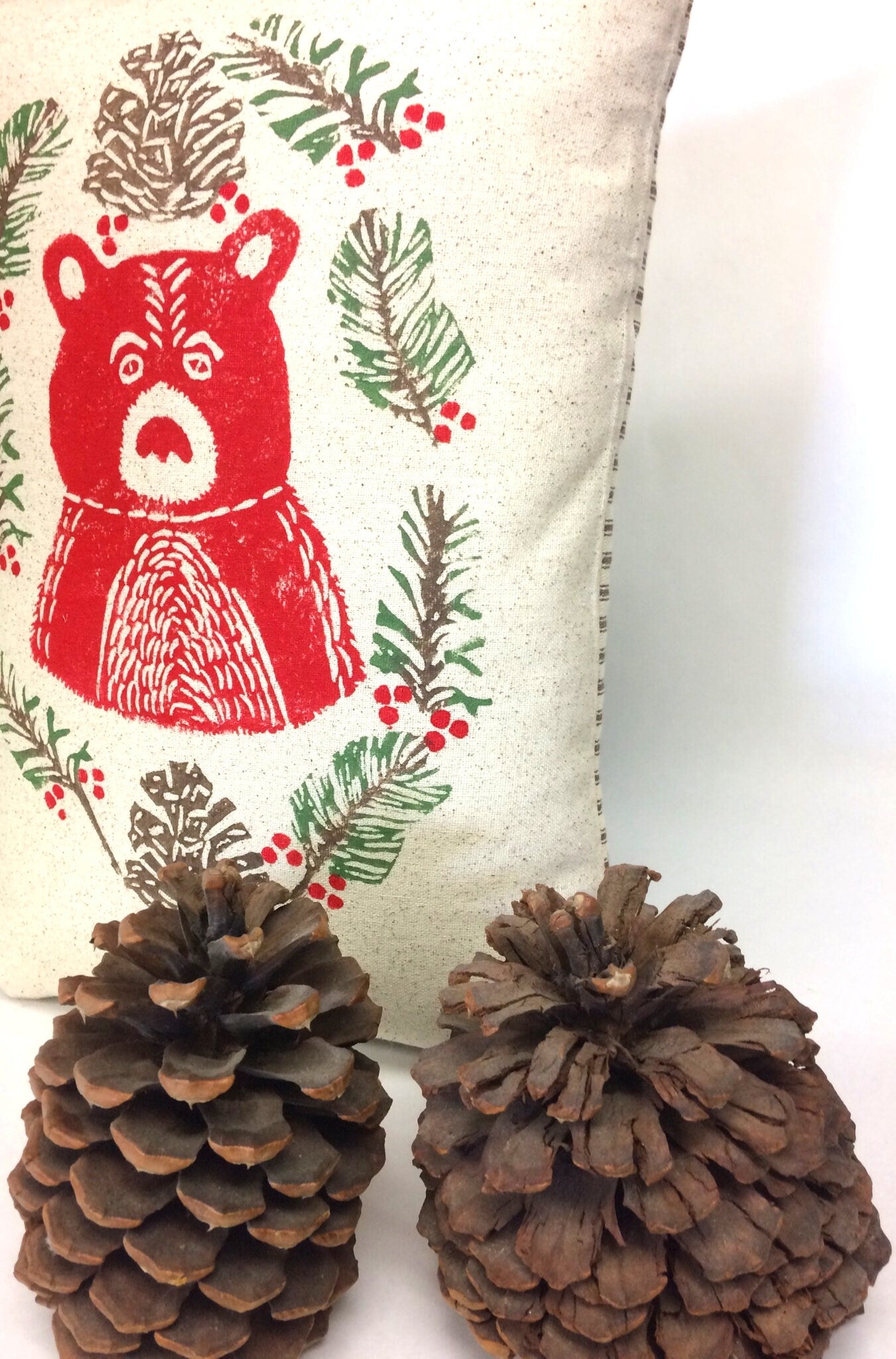 Christmas Moose or Bear Pillow: Hand Printed Woodland Decoration