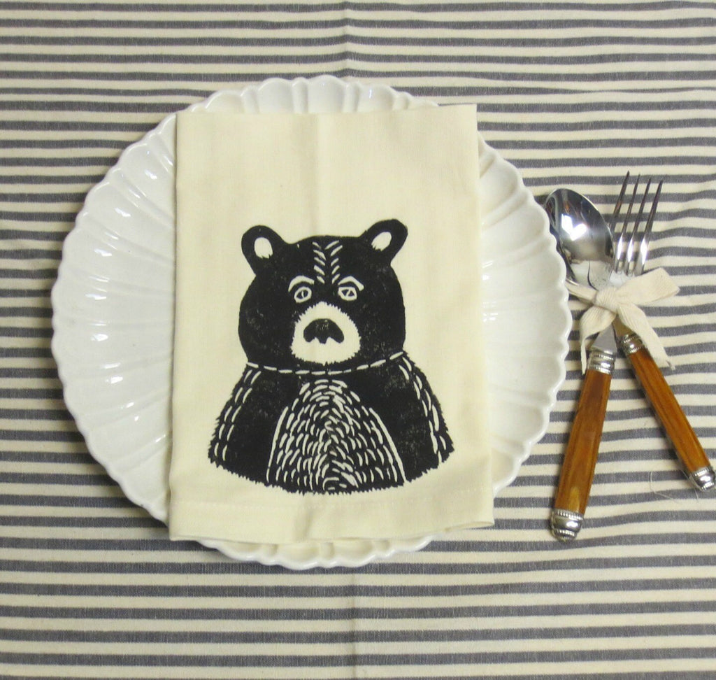Hand Printed Bear Cotton Napkins - Rustic Black Print, Set of Four