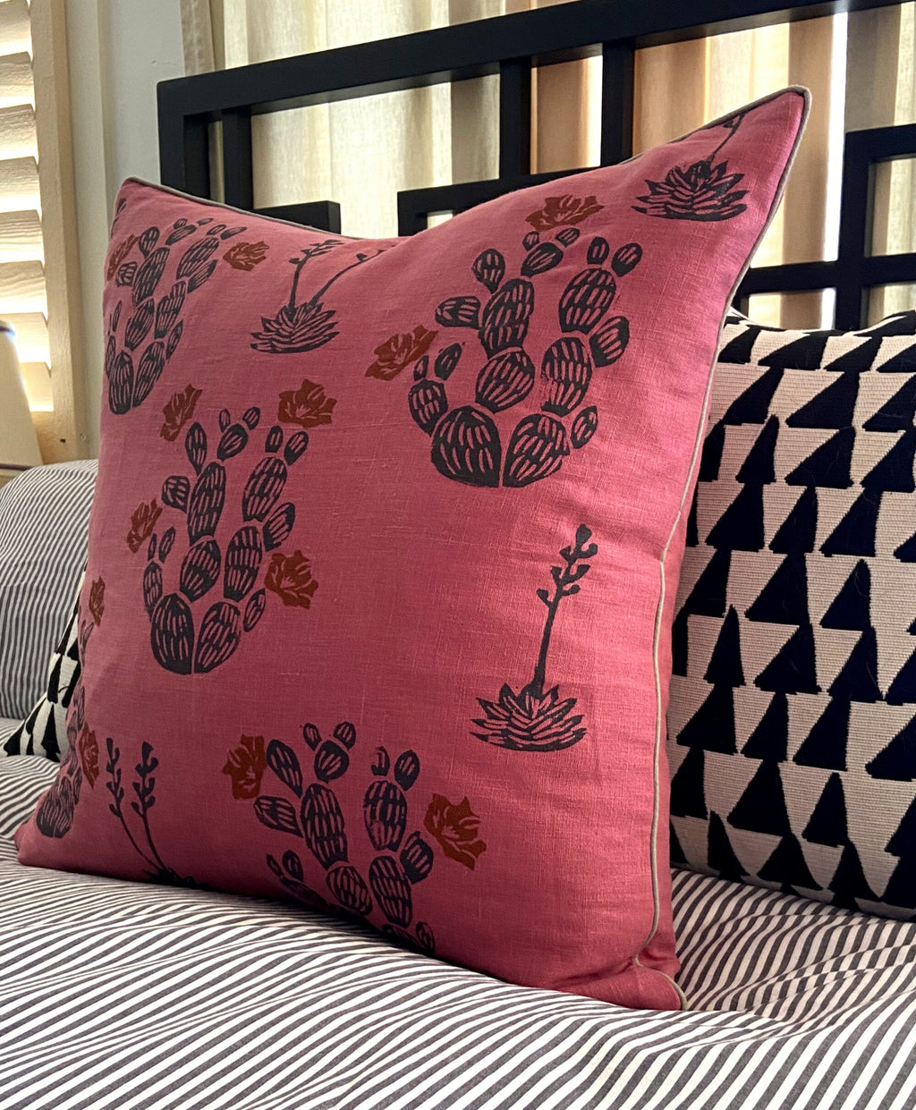 Rose Pink Linen Cactus Print Pillow