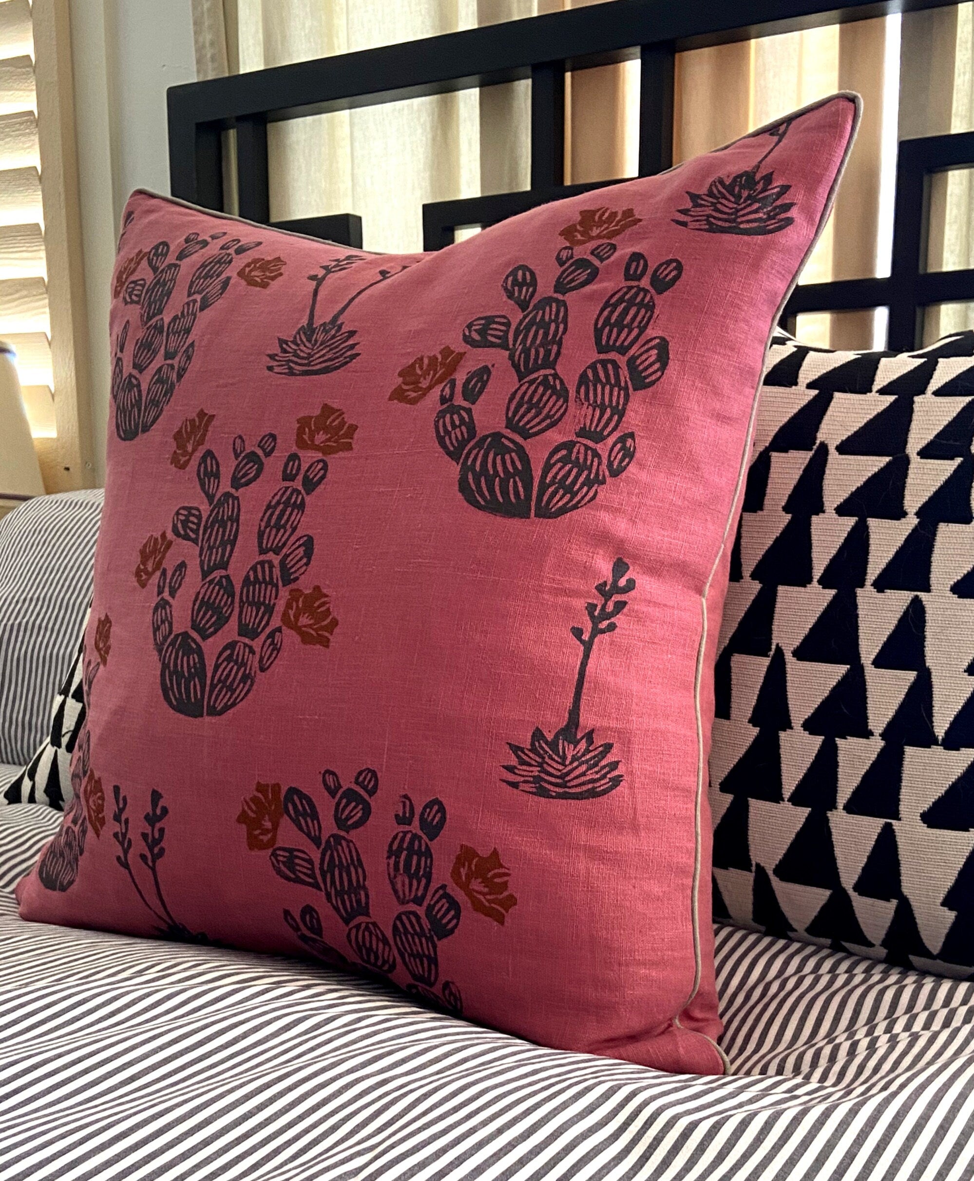 Rose Pink Linen Cactus Print Pillow