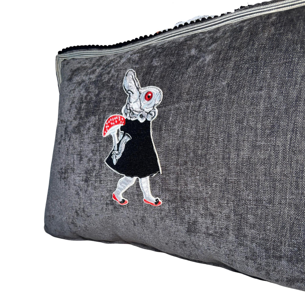 Embroidered Rabbit Pillow – Whimsical Gothic Chenille Cushion (12"x20")