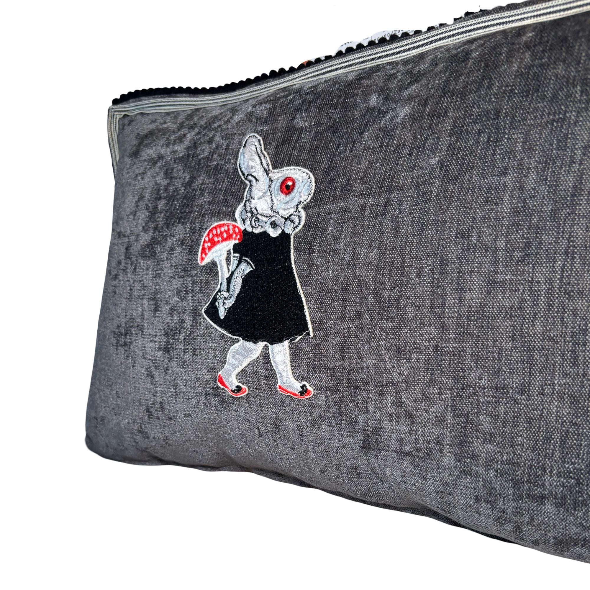 Embroidered Rabbit Pillow – Whimsical Gothic Chenille Cushion (12"x20")