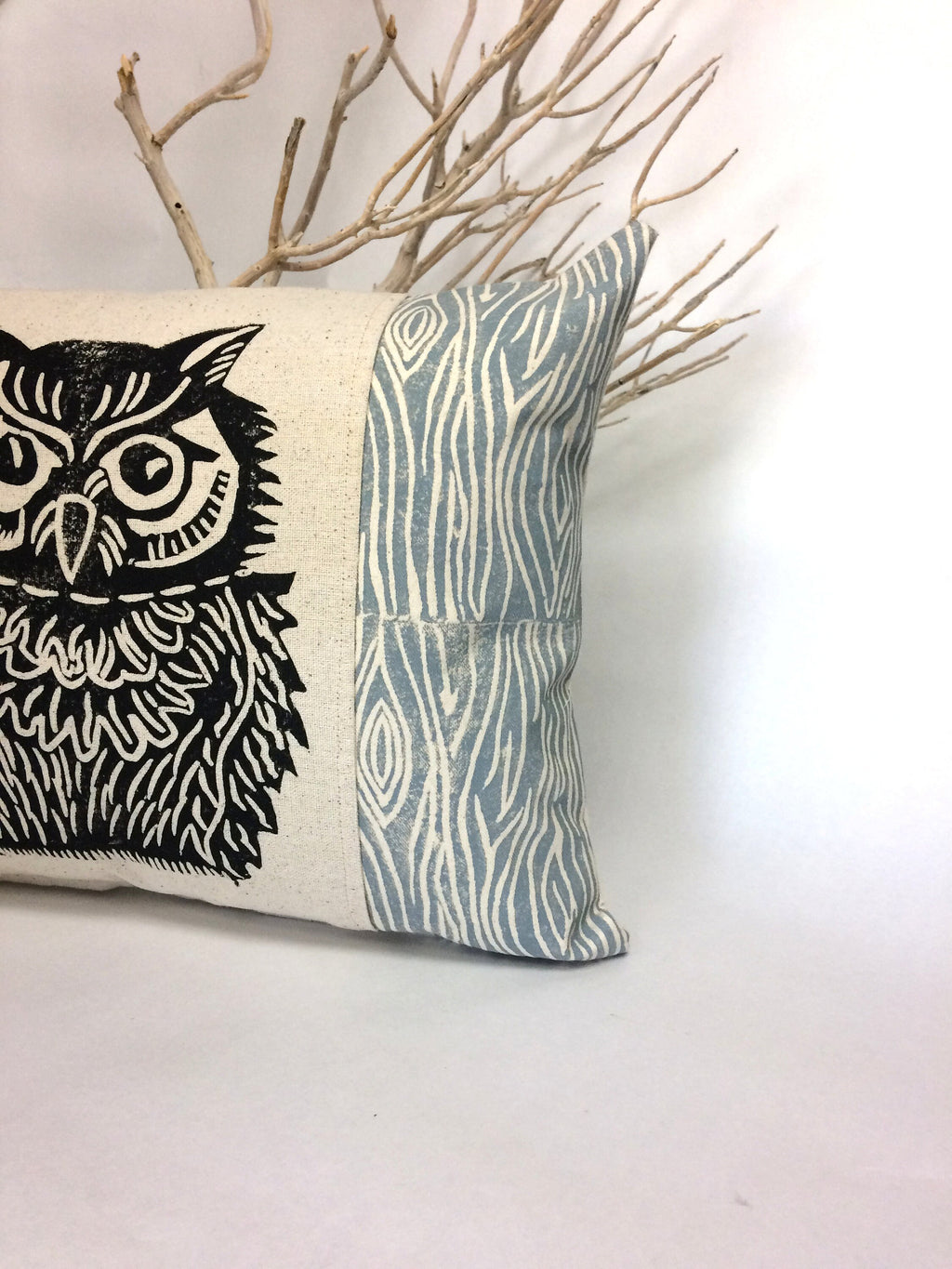 Woodland Owl Pillow: Hand Carved Print, Rustic Home Decor