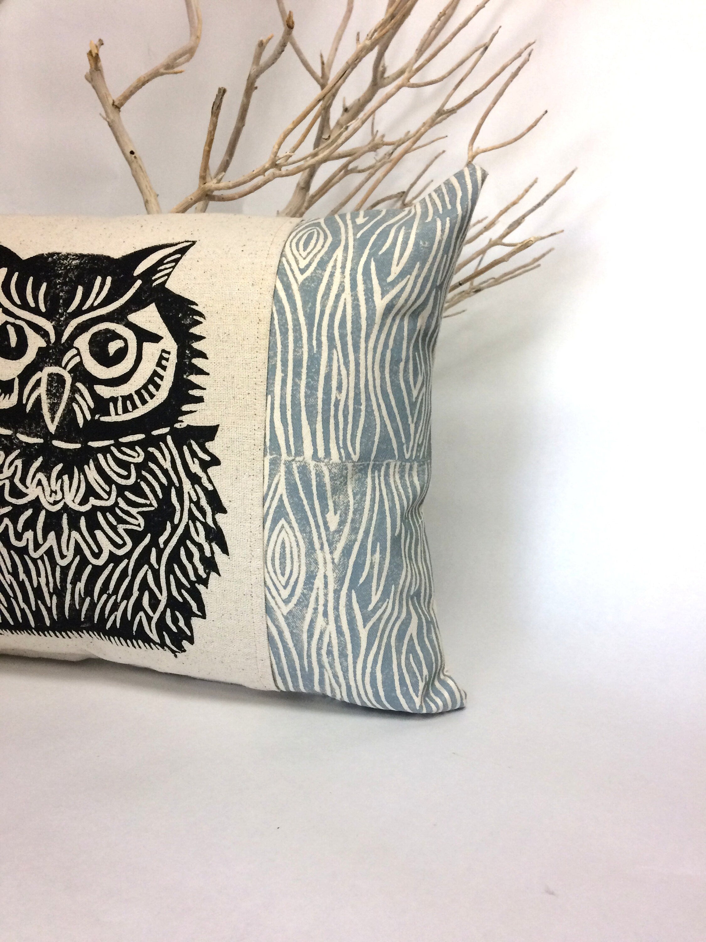 Woodland Owl Pillow: Hand Carved Print, Rustic Home Decor