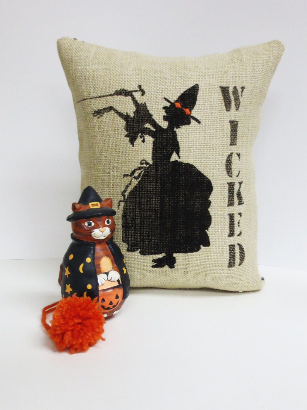 Halloween Witch Burlap Pillow: Felt Silhouette Throw Cushion