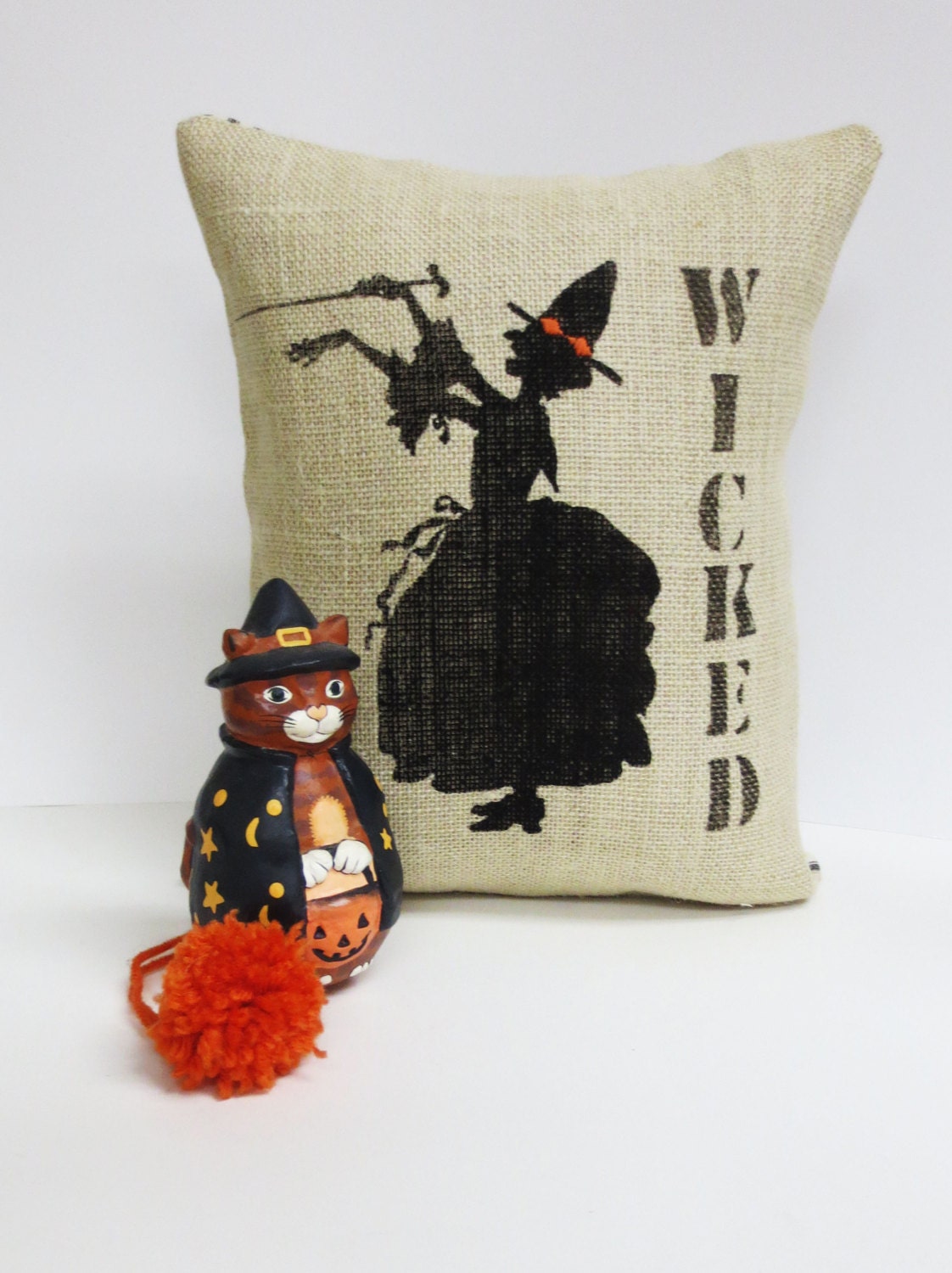 Halloween Witch Burlap Pillow: Felt Silhouette Throw Cushion