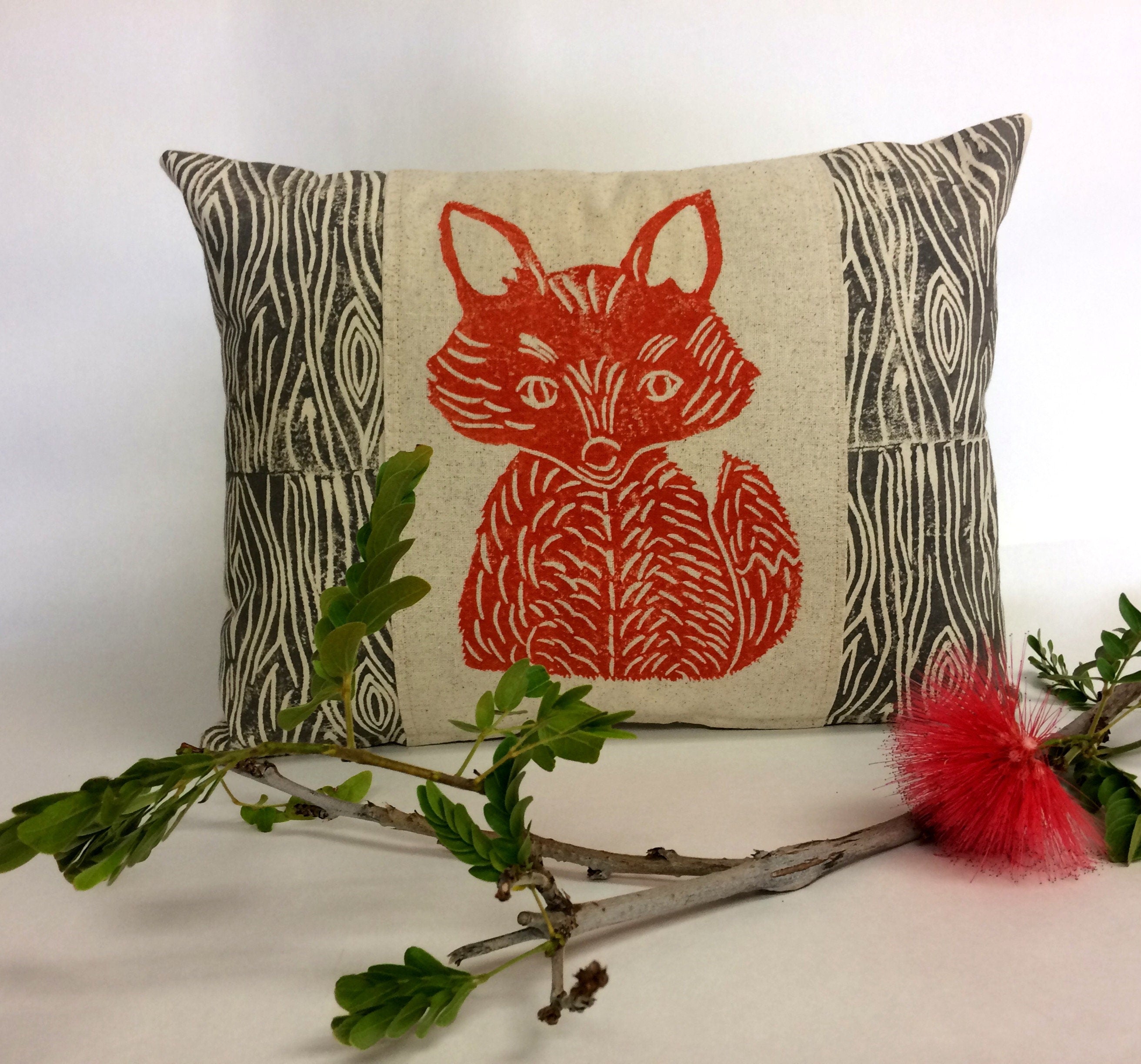 Fox Print Lumbar Pillow: Wood Grain Rustic Cabin Decor