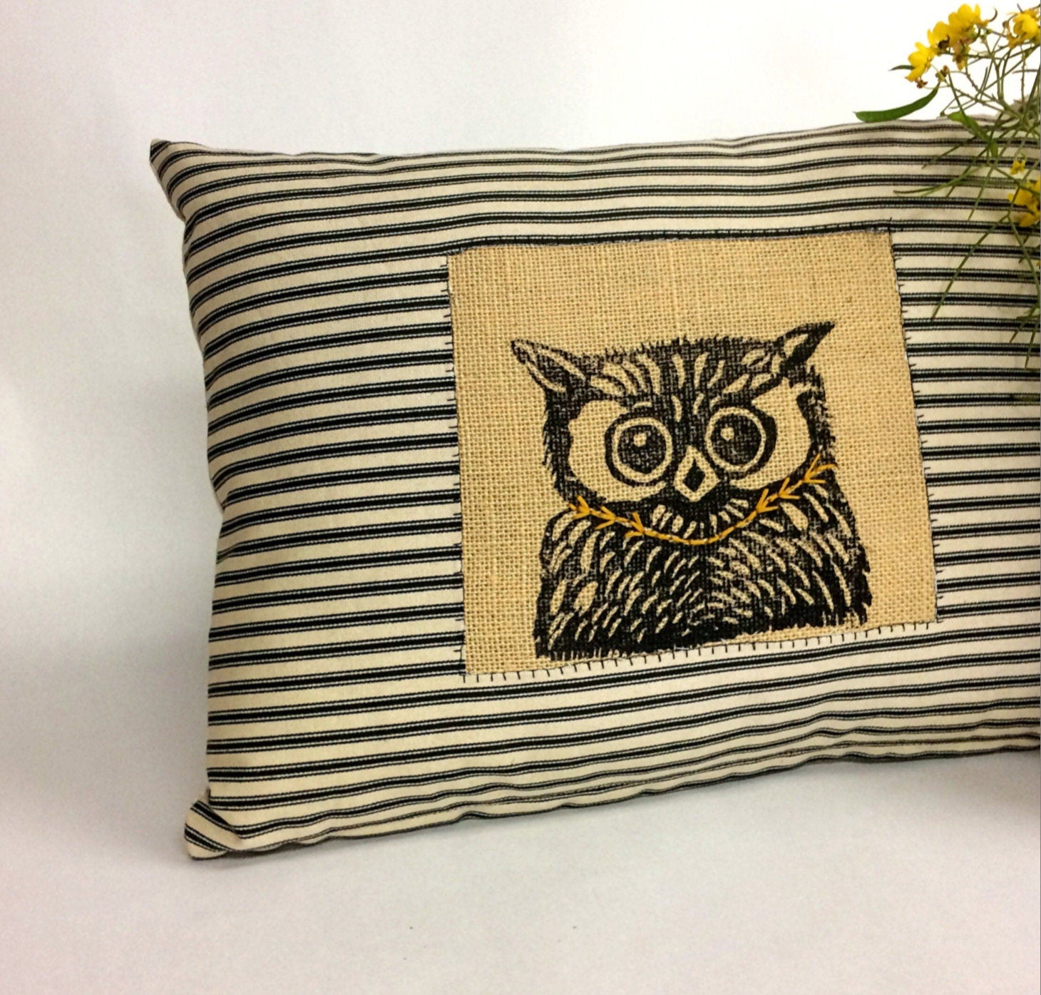 Hand Printed Owl Pillow Cover: Black Beige Ticking Stripe, Gold Collar