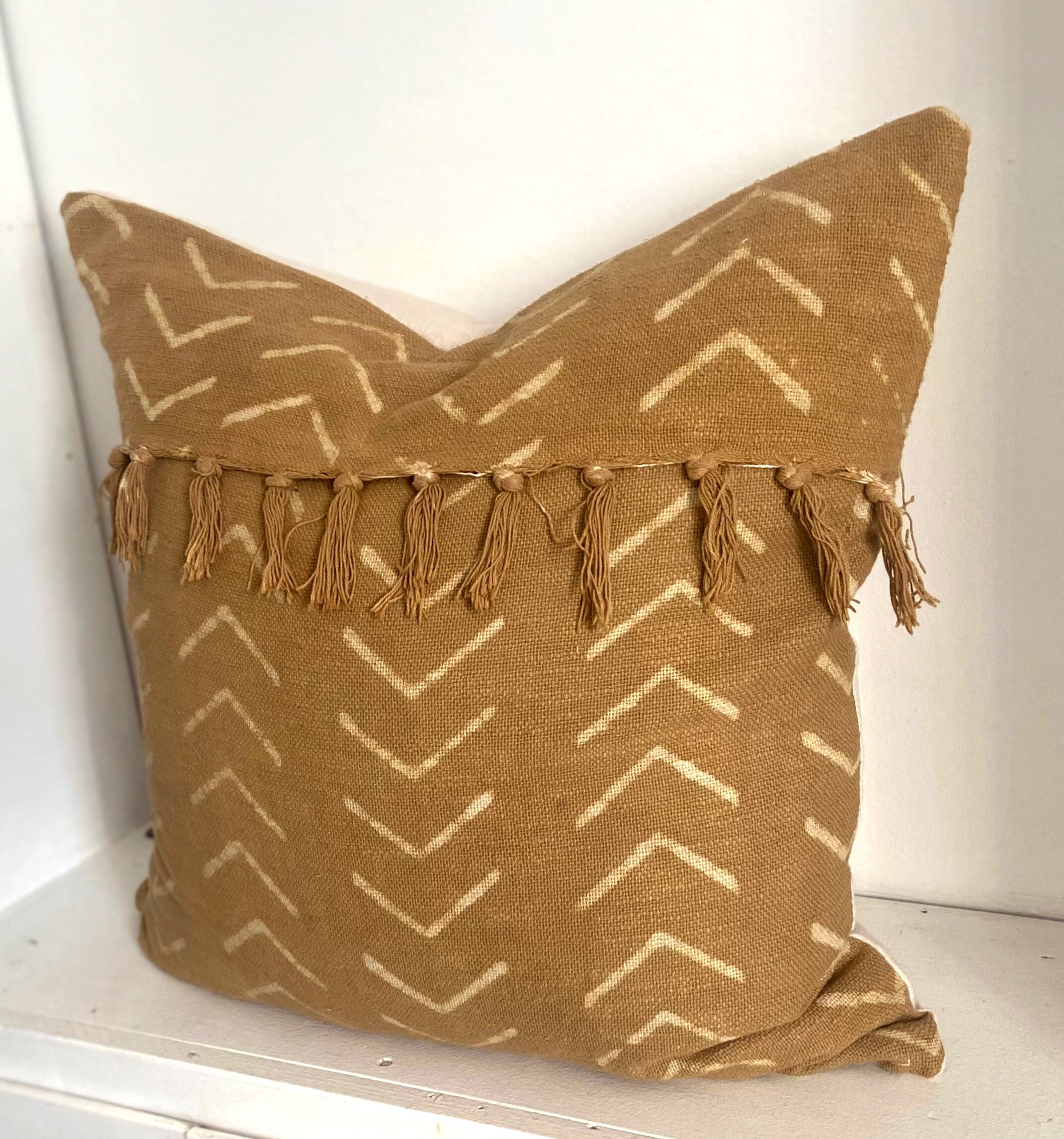 African Mudcloth Pillow Cover: Mustard Gold Cotton with Fringe
