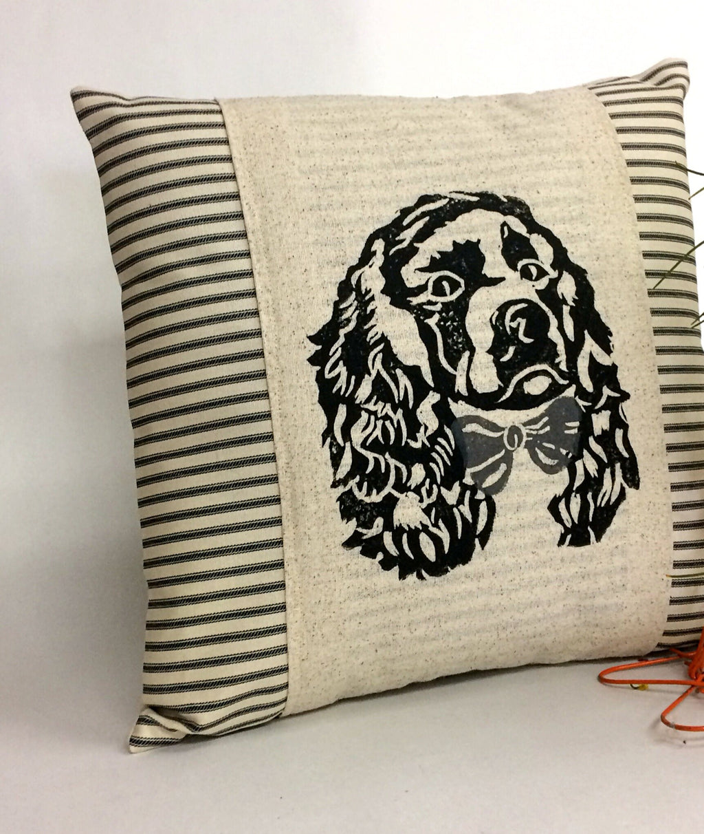 Hand Block Print Cocker Spaniel Pillow Cover: Ticking Stripe Accent Pillow