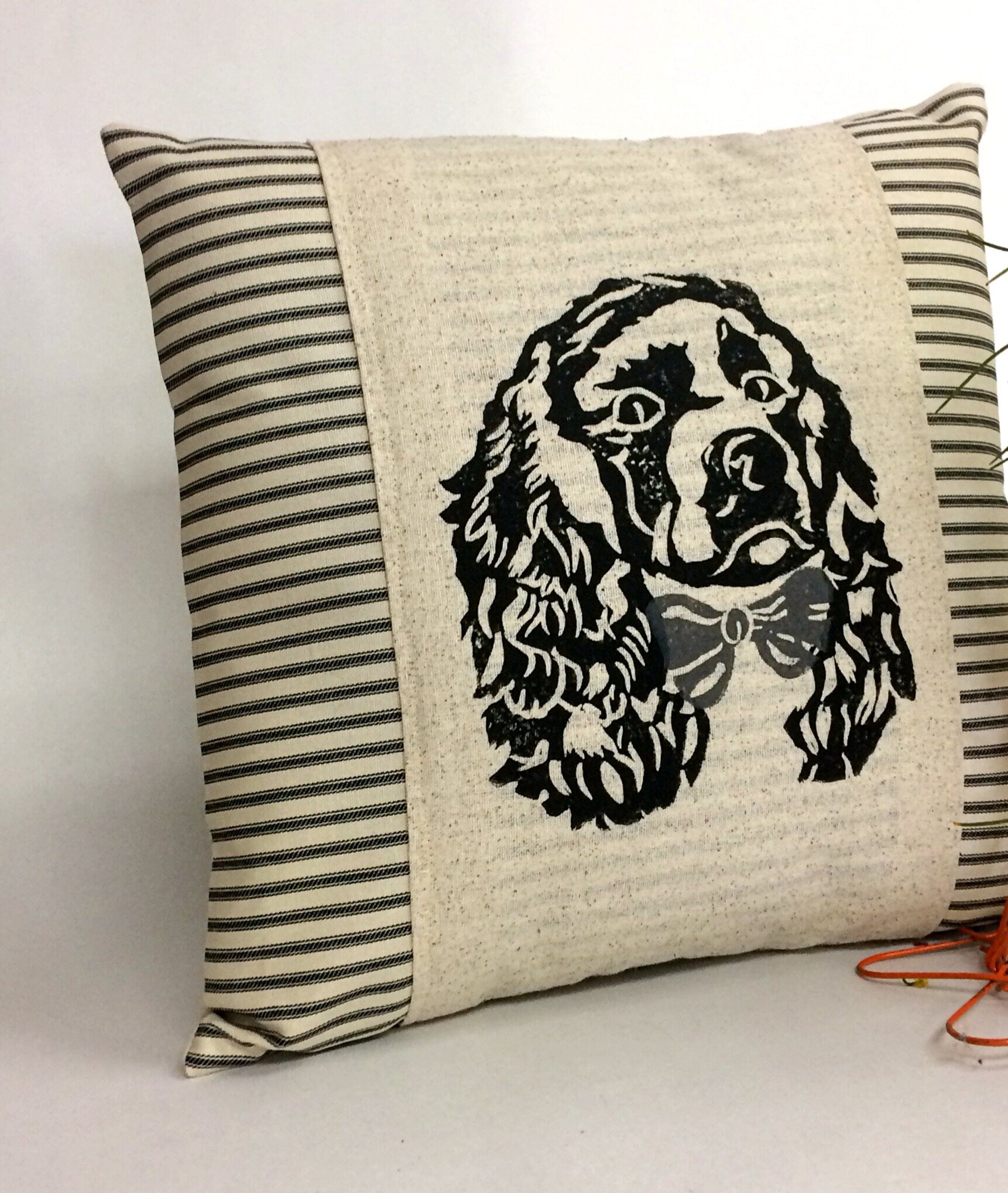 Hand Block Print Cocker Spaniel Pillow Cover: Ticking Stripe Accent Pillow