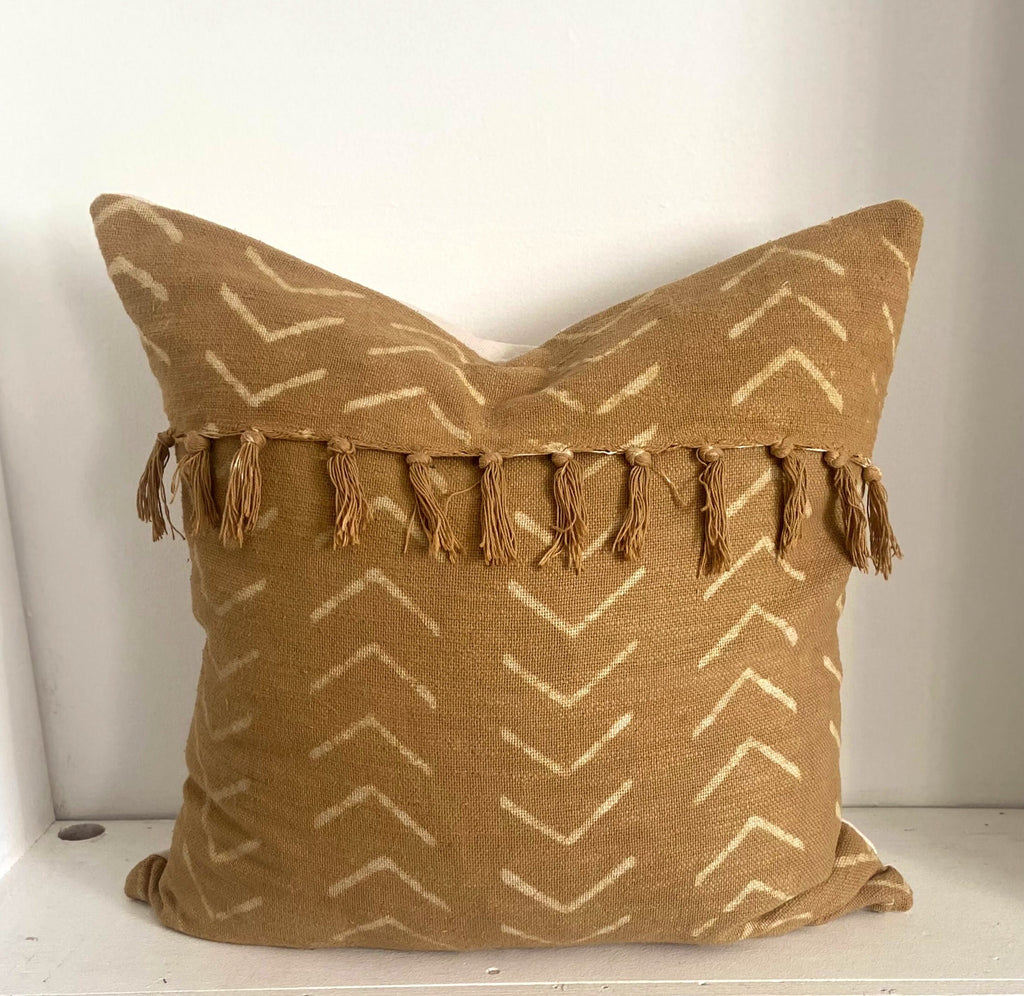 African Mudcloth Pillow Cover: Mustard Gold Cotton with Fringe
