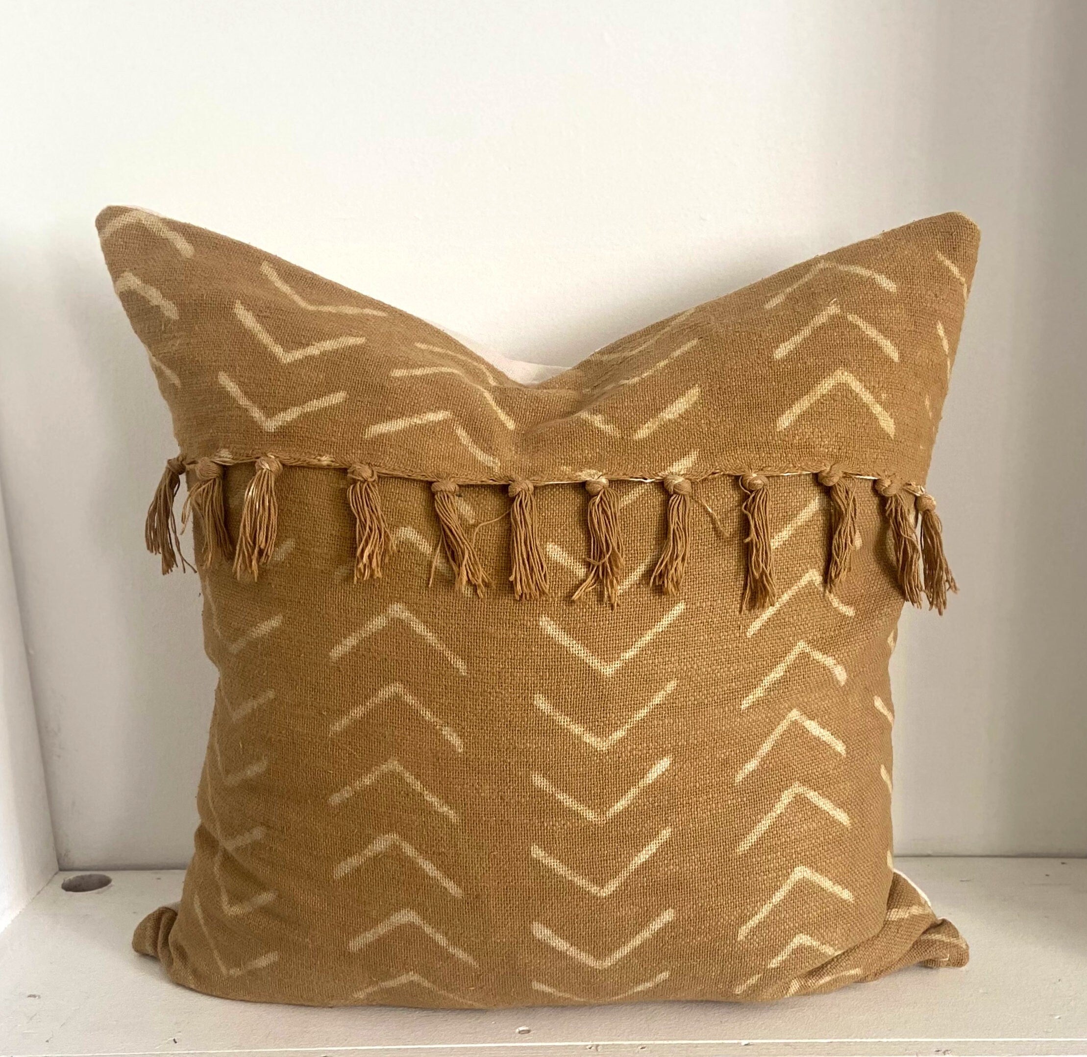 African Mudcloth Pillow Cover: Mustard Gold Cotton with Fringe
