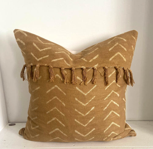 African Mudcloth Pillow Cover: Mustard Gold Cotton with Fringe