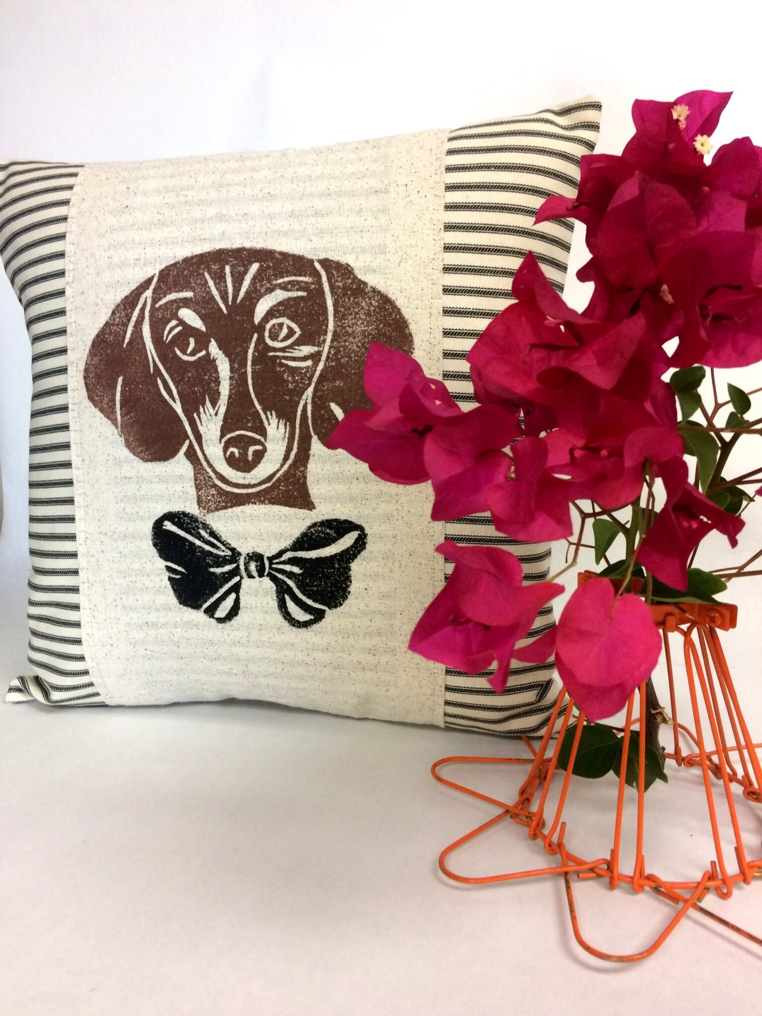 Hand Block Print Dachshund Pillow: Dog Accent Pillow